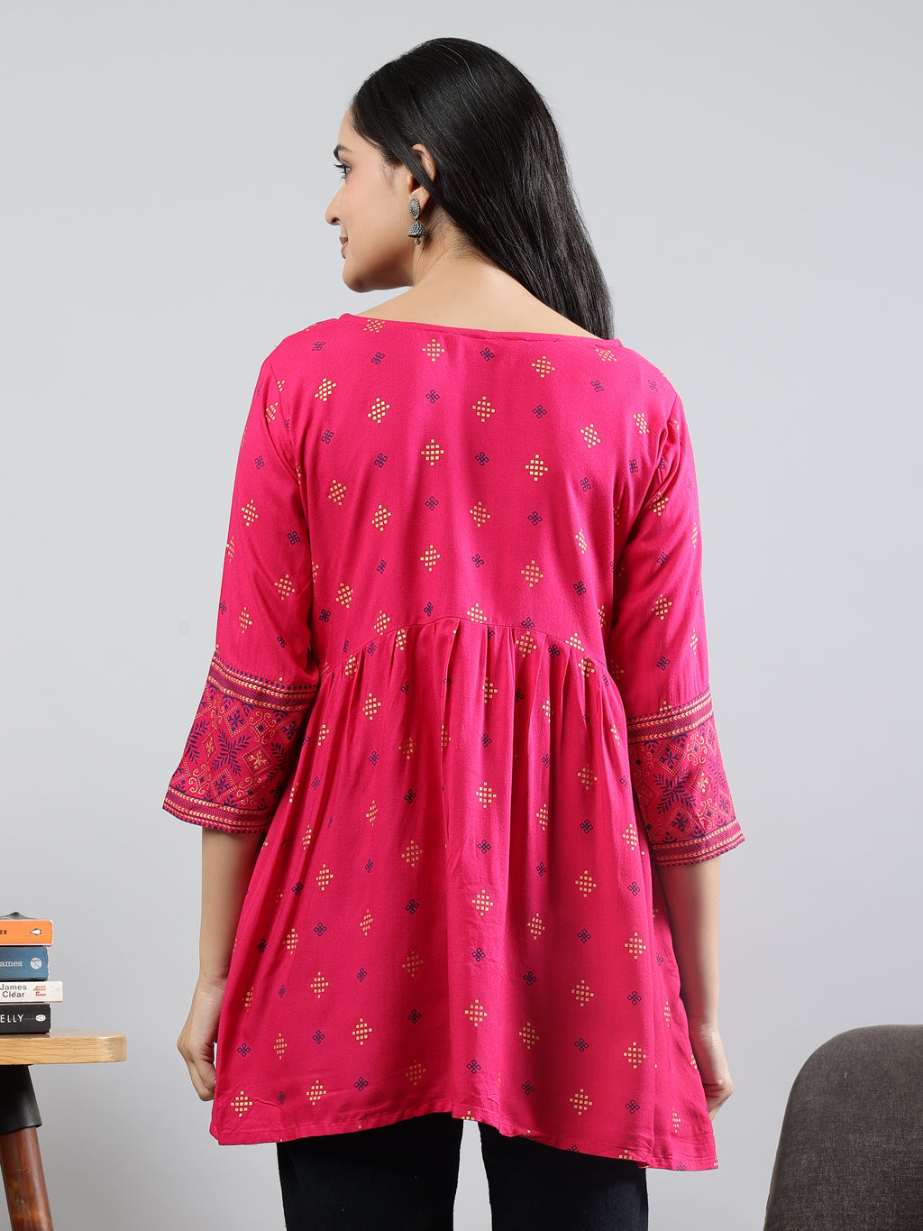 Floral Printed Pink Round Neck Three Quarter Sleeves Top