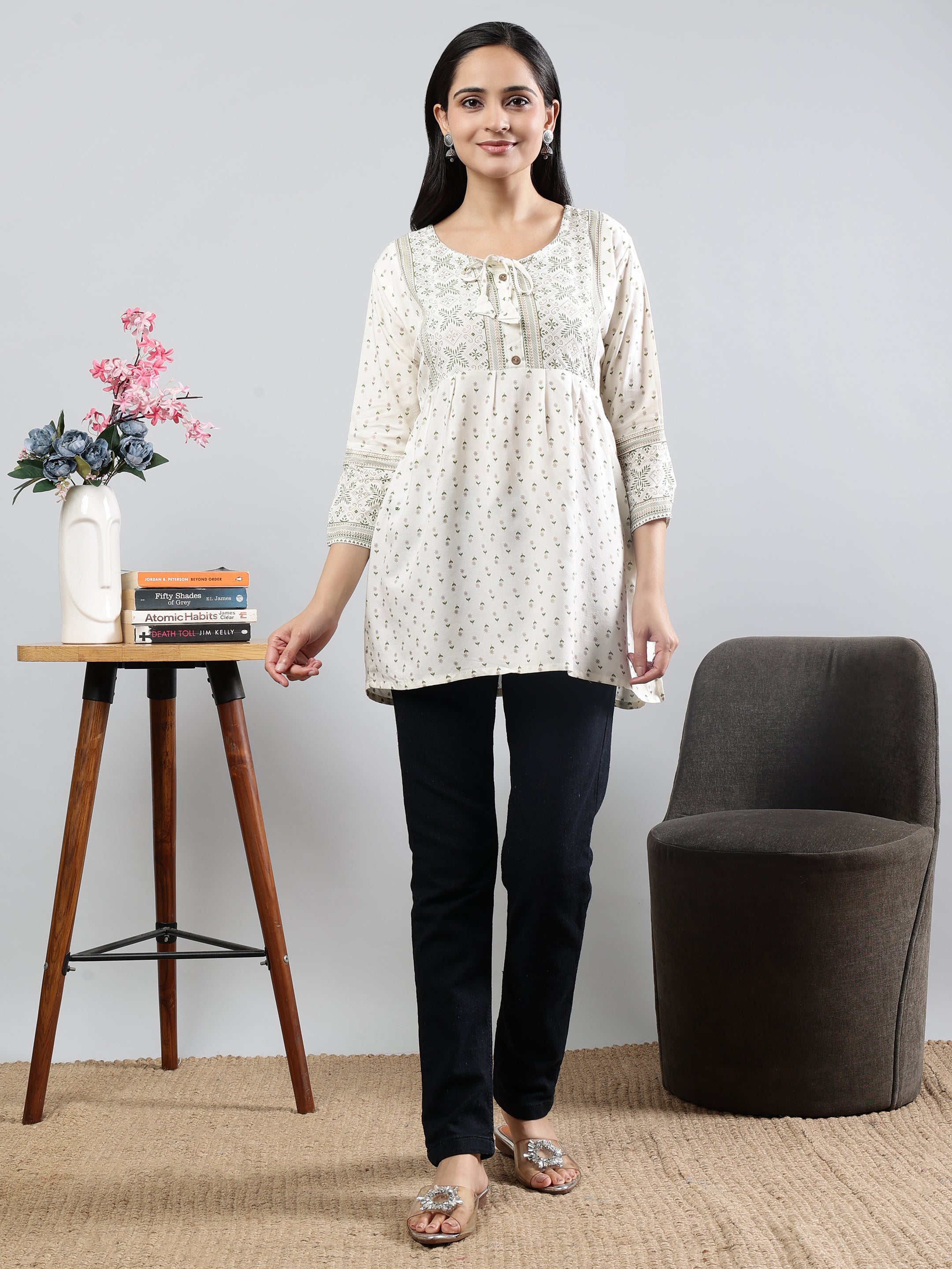 Floral Printed white Round Neck Three Quarter Sleeves Top