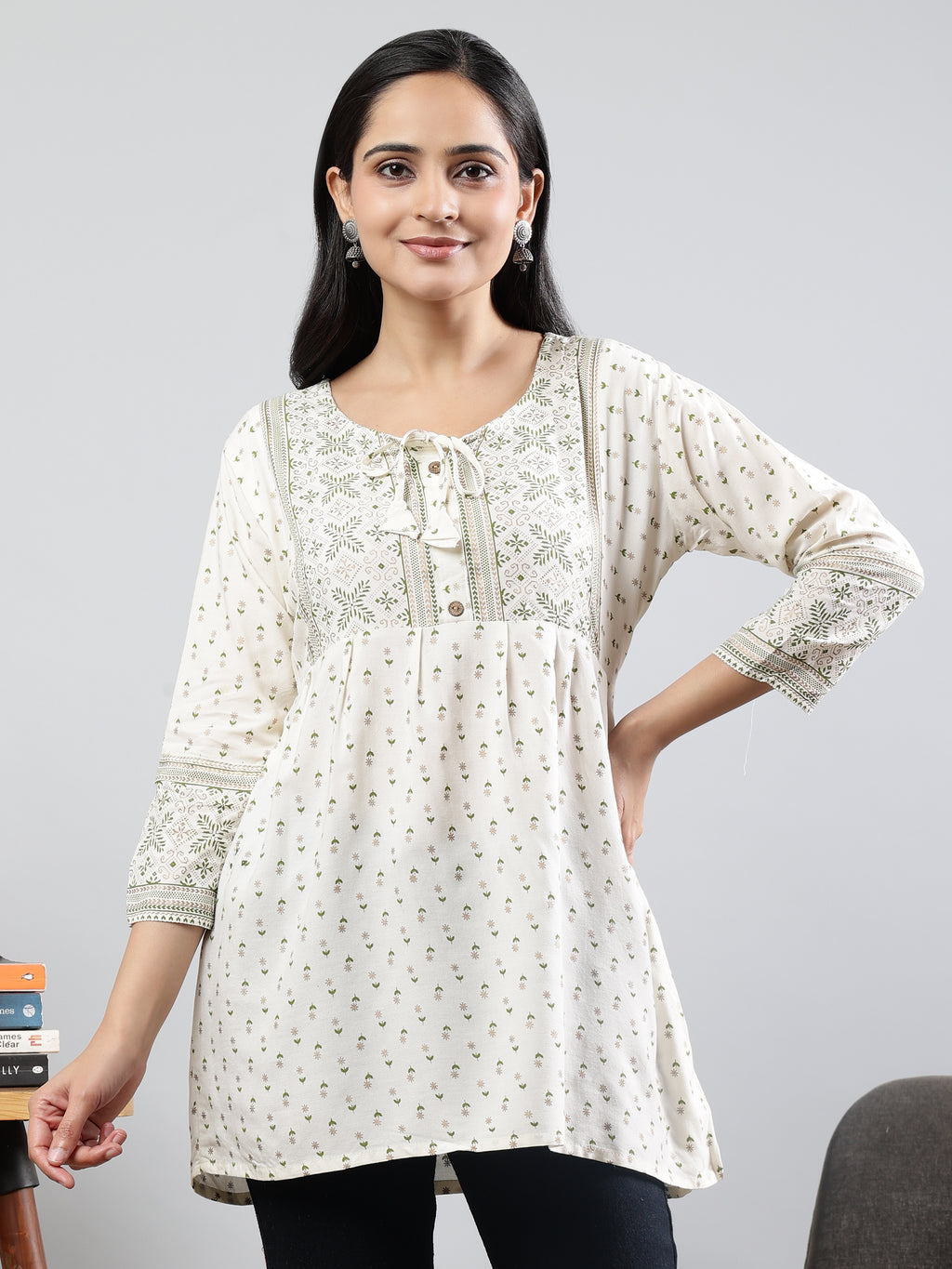 Floral Printed white Round Neck Three Quarter Sleeves Top White Rayon