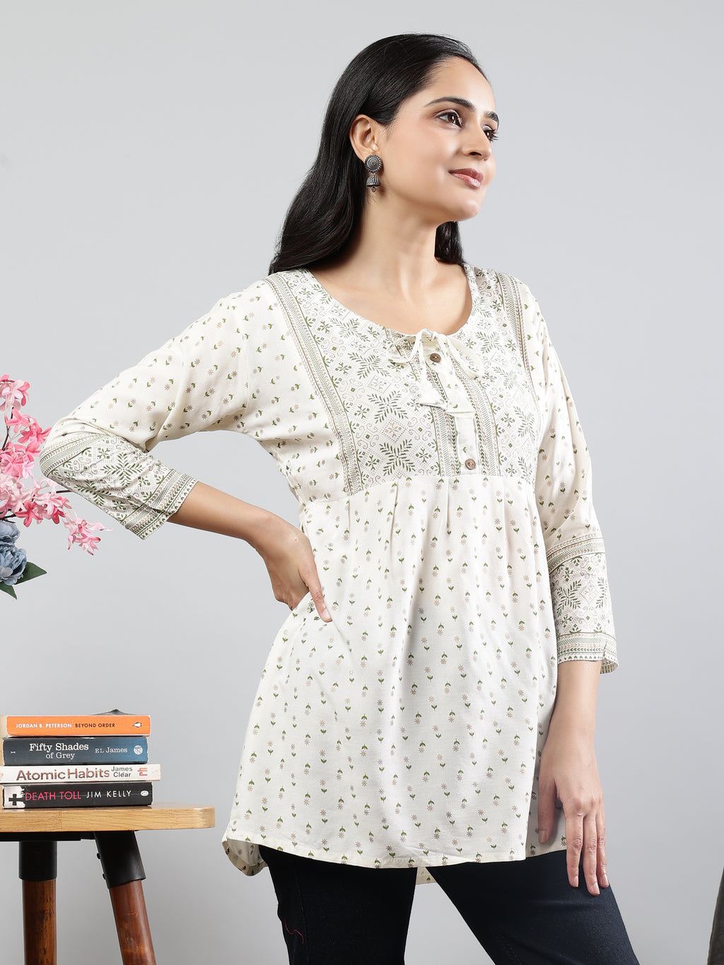 Floral Printed white Round Neck Three Quarter Sleeves Top