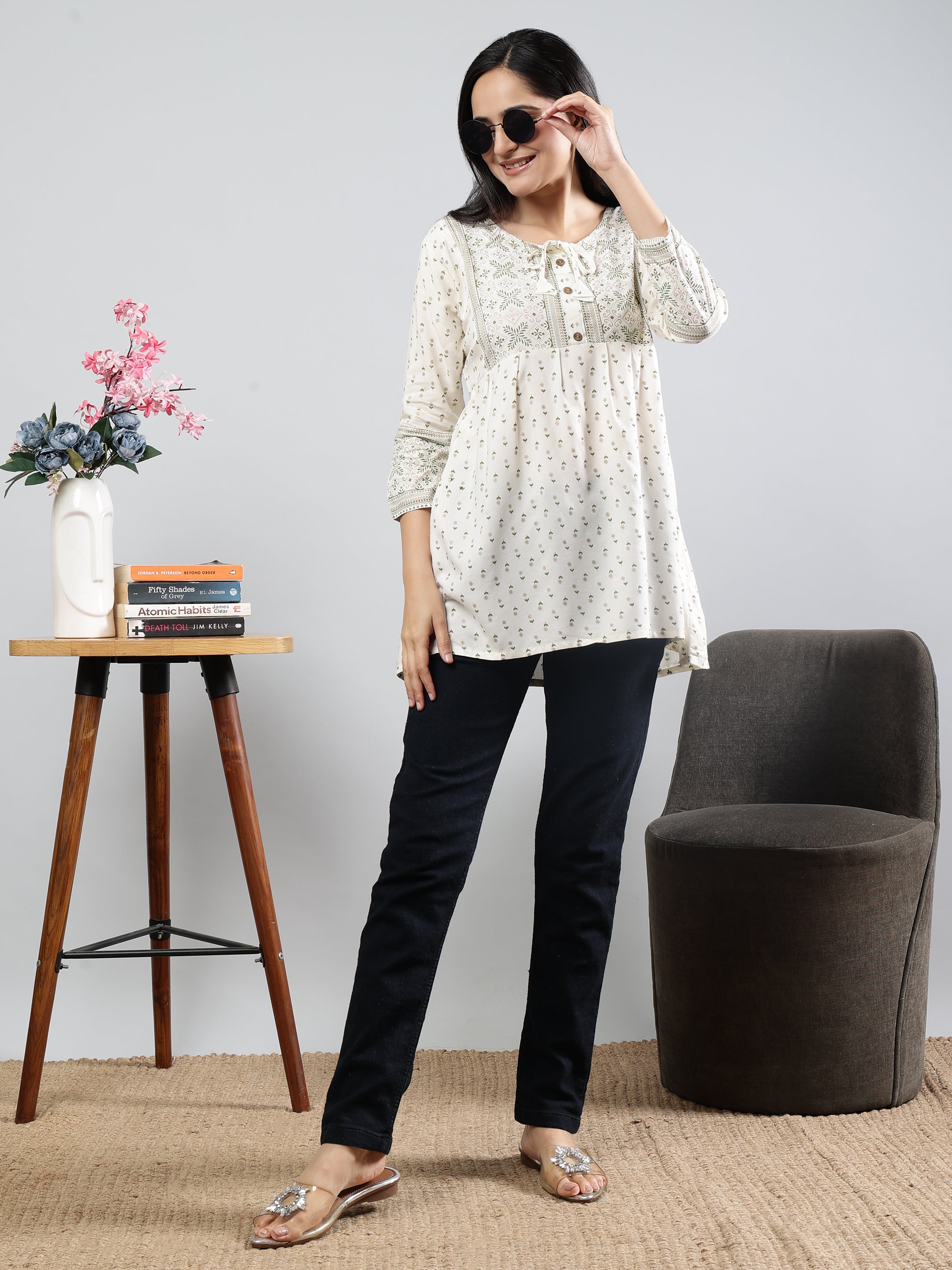 Floral Printed white Round Neck Three Quarter Sleeves Top