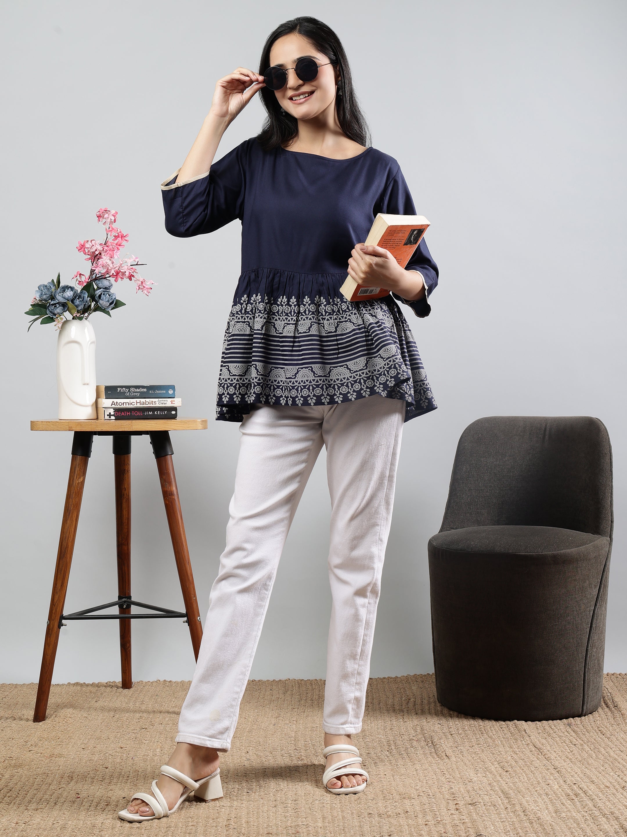 Round Neck Printed three Quarter Sleeves Top