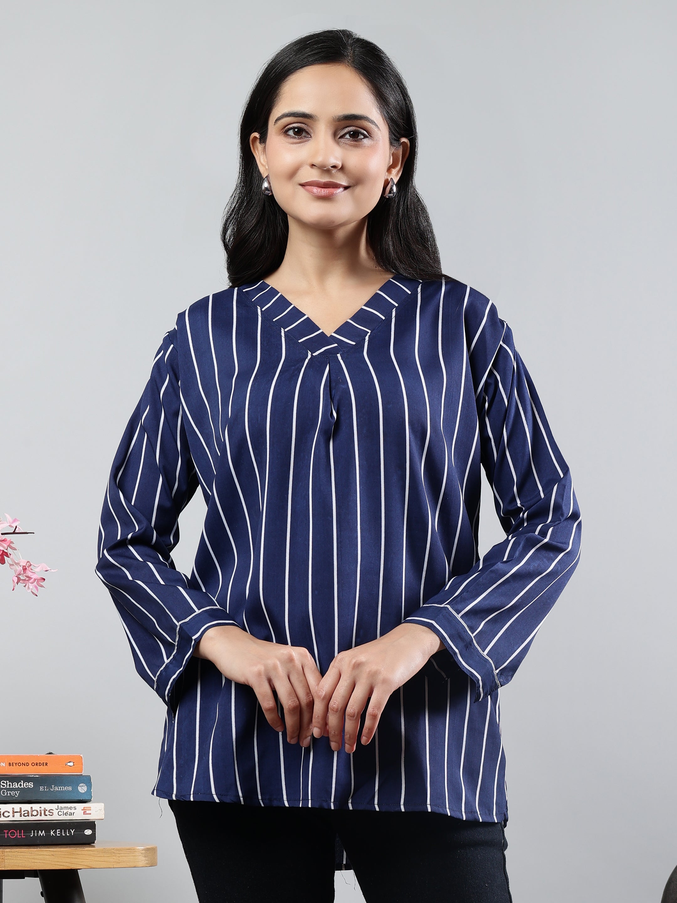 Blue Printed V-Neck Full Sleeve Top Blue Polyester