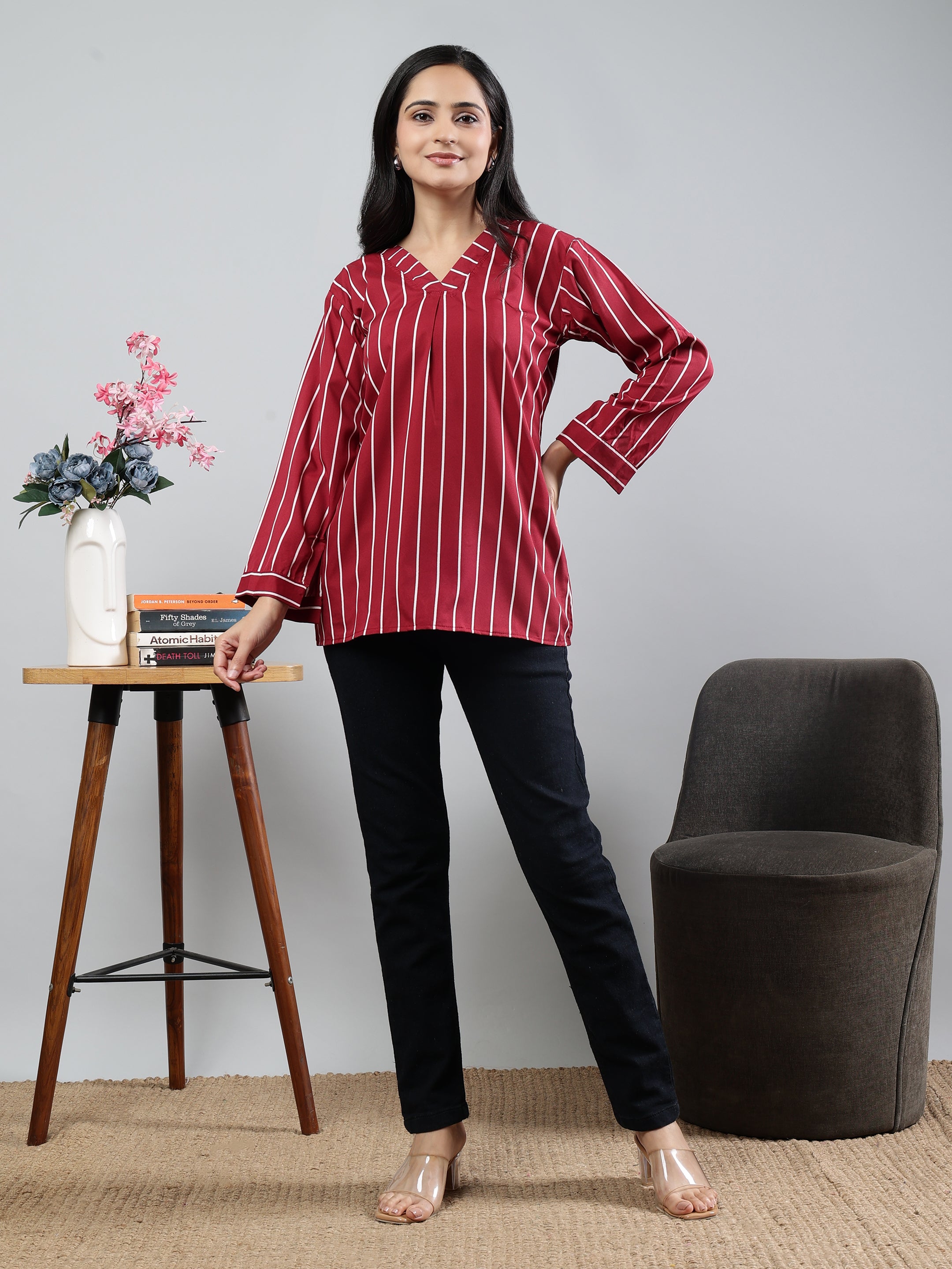 Stripped Full Sleeves Round Neck Maroon Top