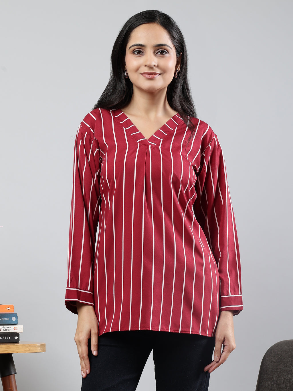Stripped Full Sleeves Round Neck Maroon Top