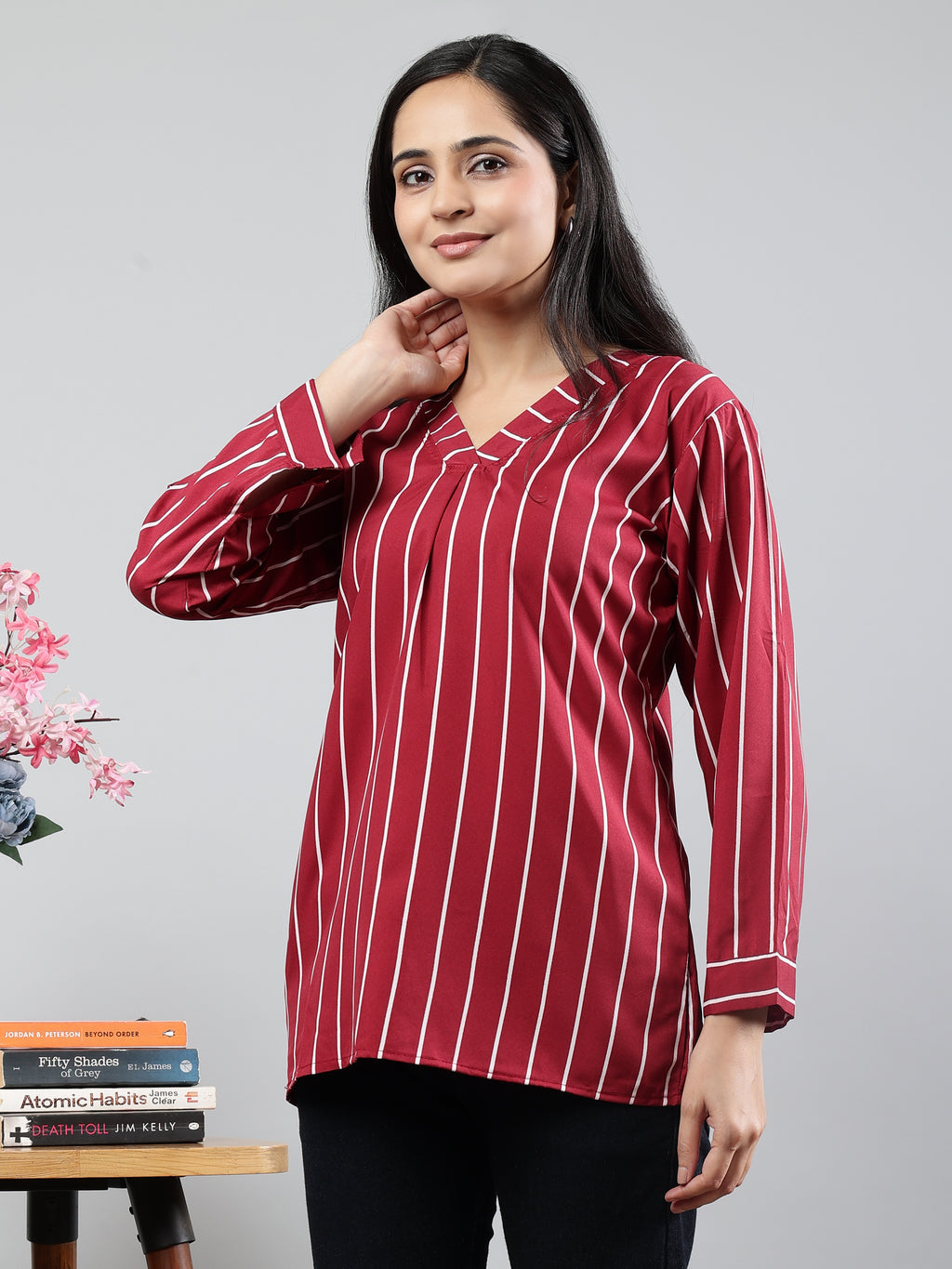 Stripped Full Sleeves Round Neck Maroon Top Brown Rayon