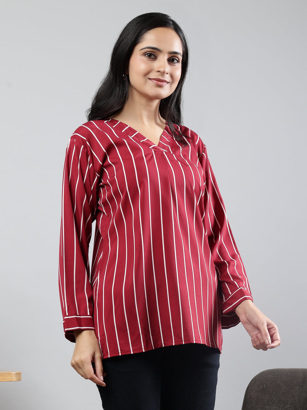 Stripped Full Sleeves Round Neck Maroon Top