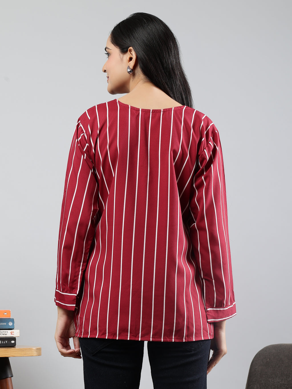 Stripped Full Sleeves Round Neck Maroon Top