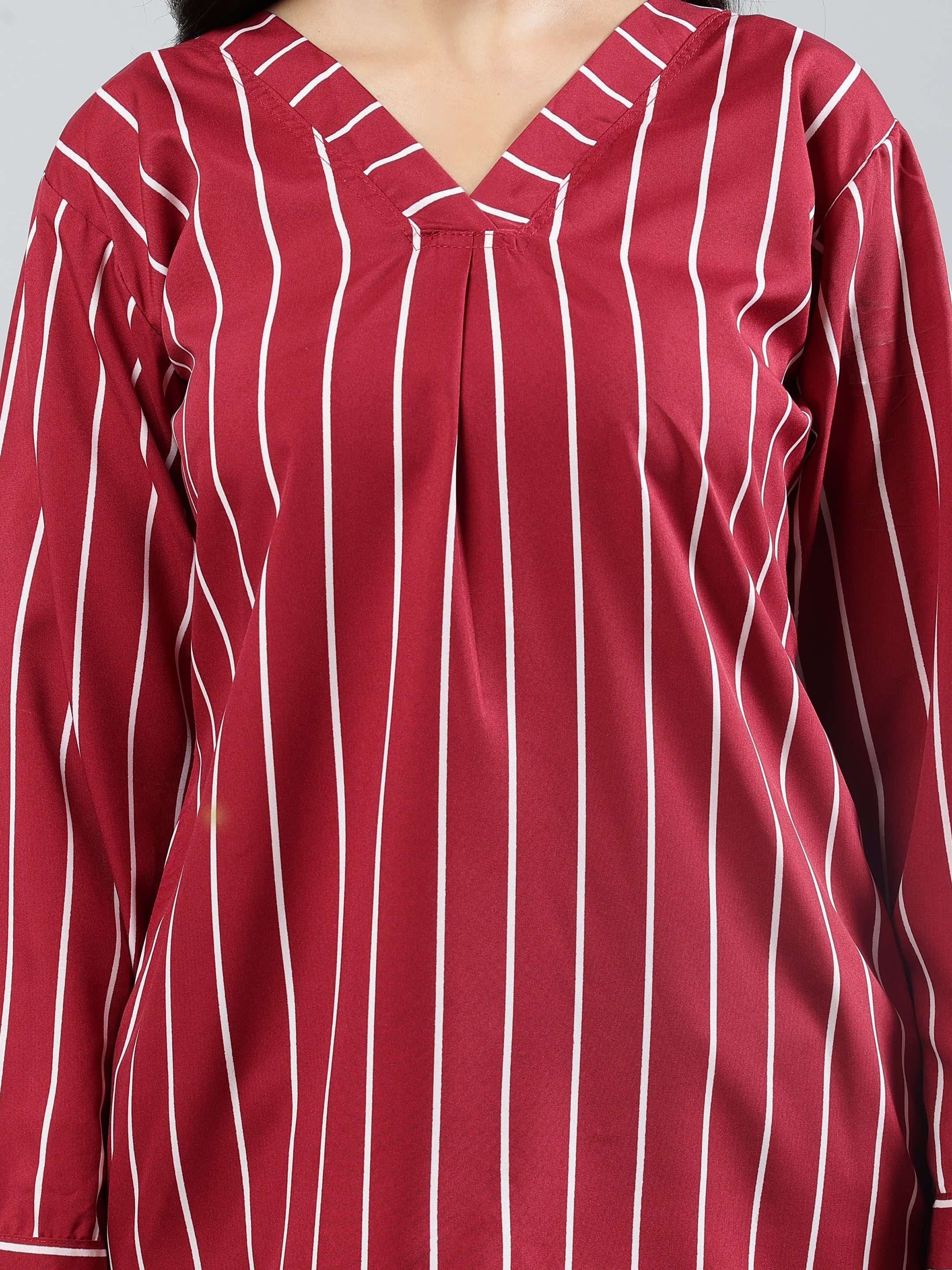 Stripped Full Sleeves Round Neck Maroon Top