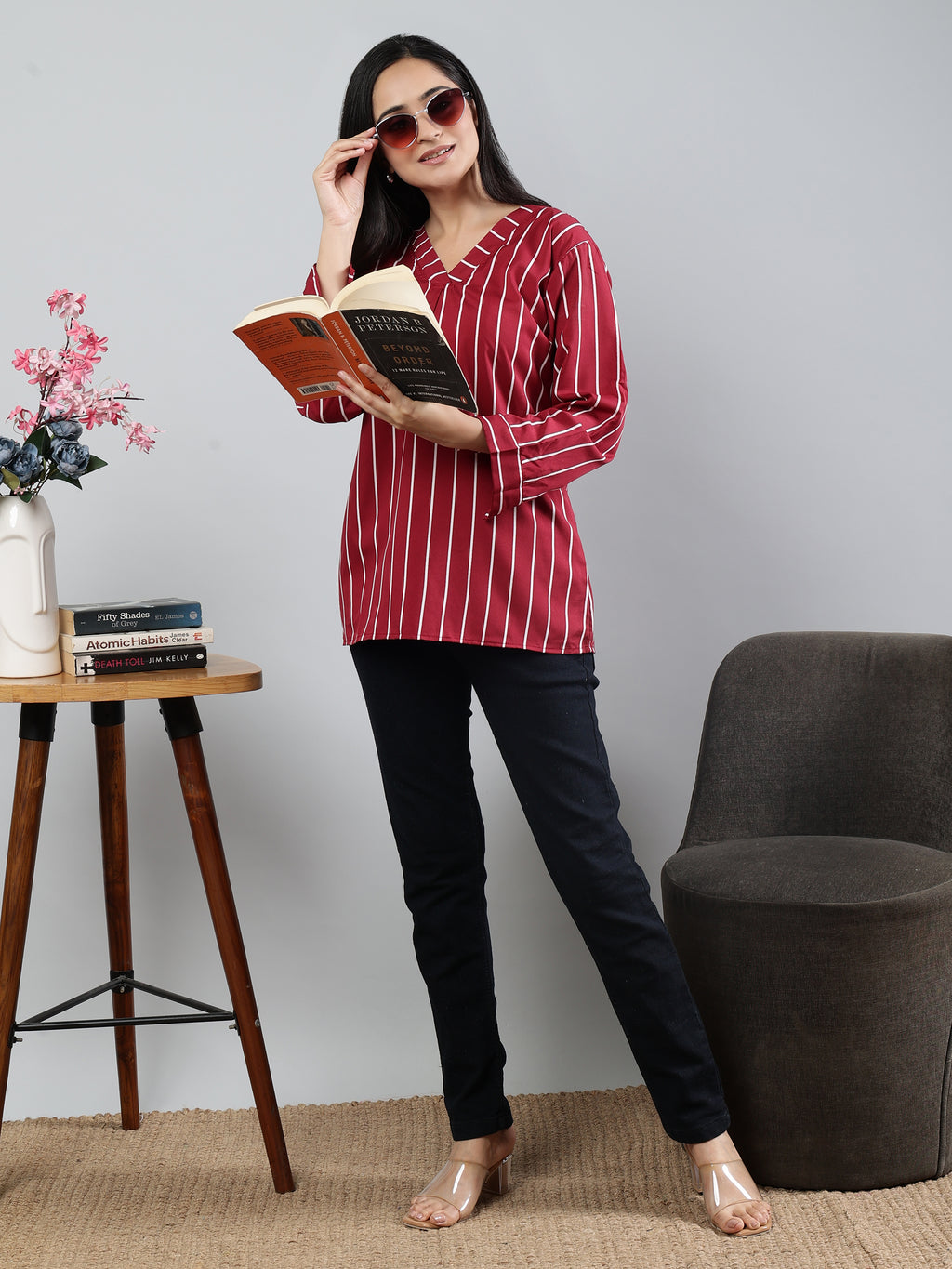 Stripped Full Sleeves Round Neck Maroon Top
