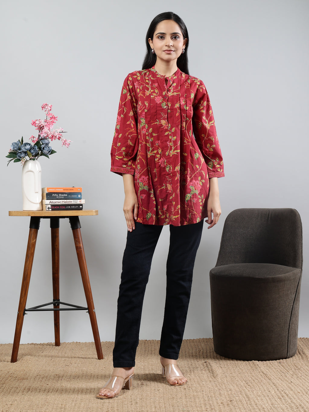 Floral Printed Maroon Cotton Tunic with Pintuck Detailing