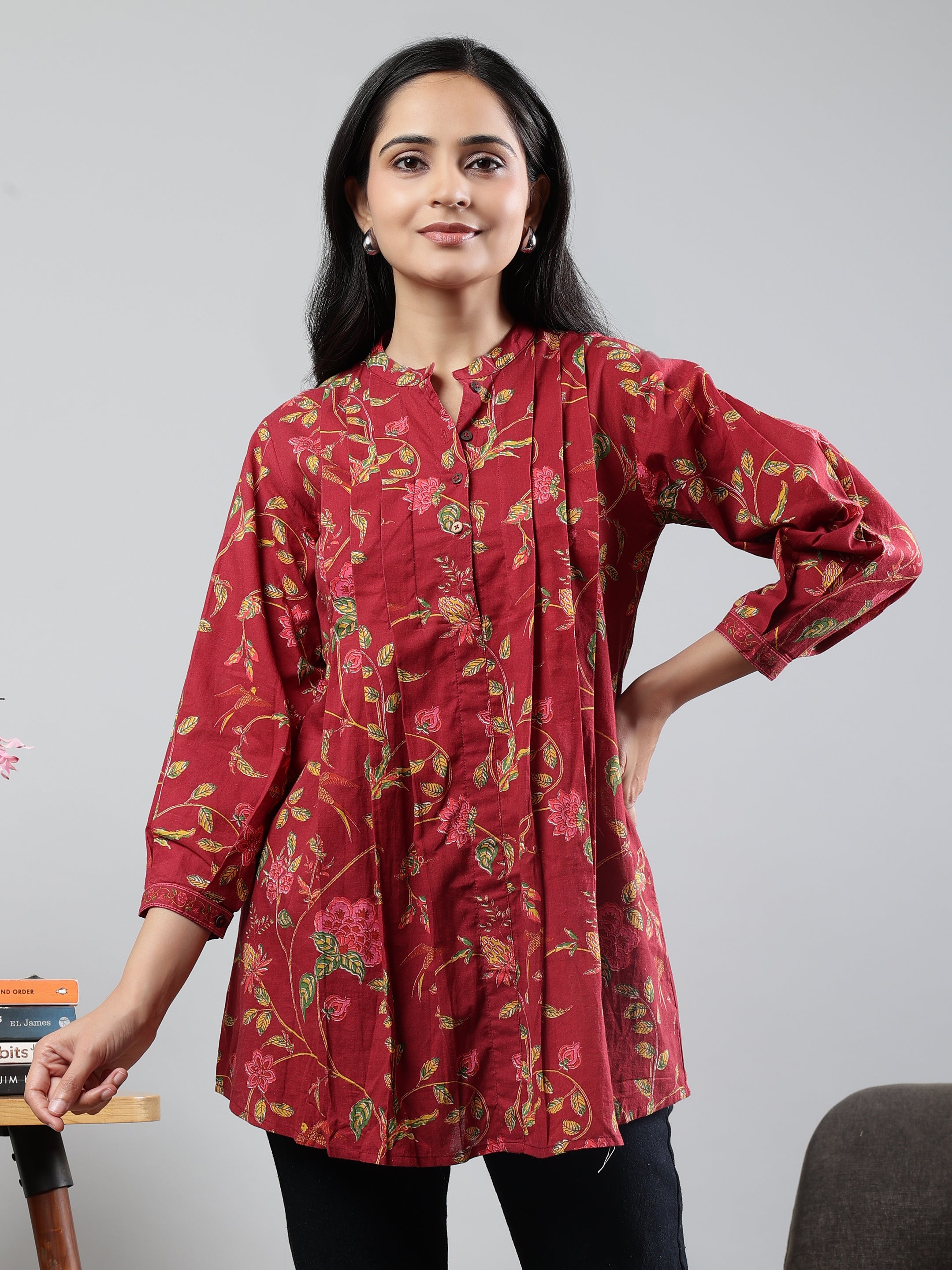 Floral Printed Maroon Cotton Tunic with Pintuck Detailing Brown Cotton