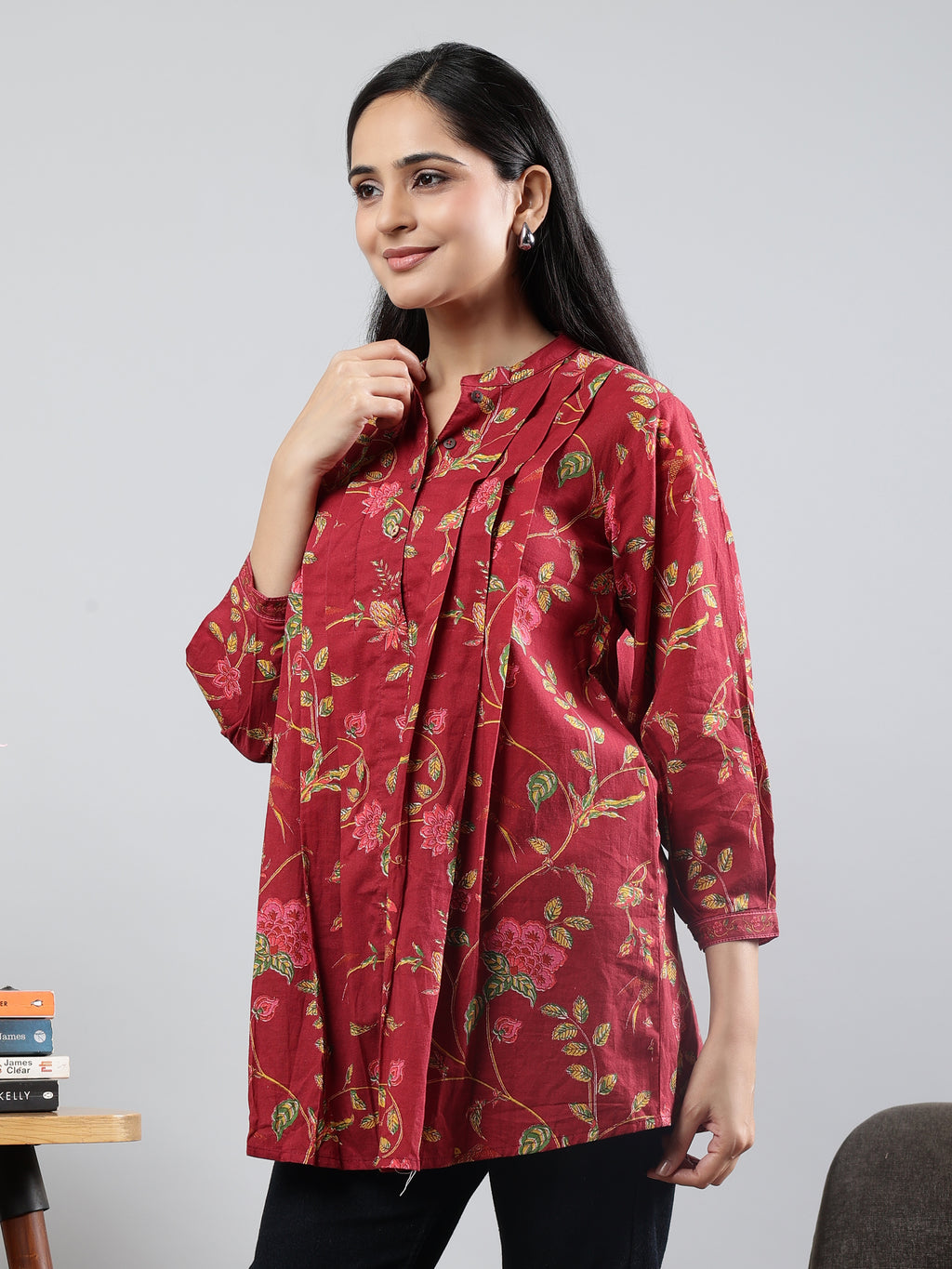Floral Printed Maroon Cotton Tunic with Pintuck Detailing
