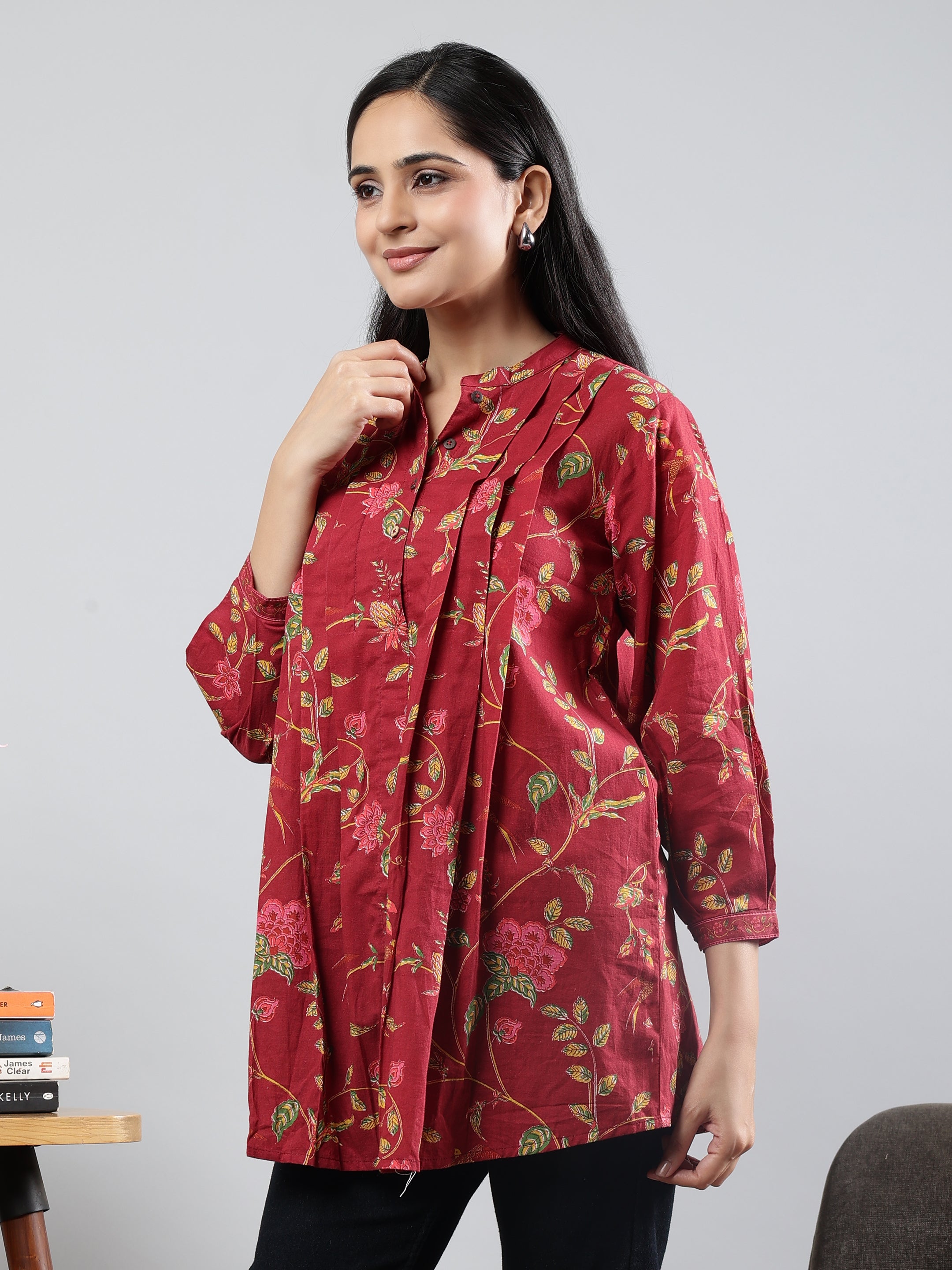 Floral Printed Maroon Cotton Tunic with Pintuck Detailing