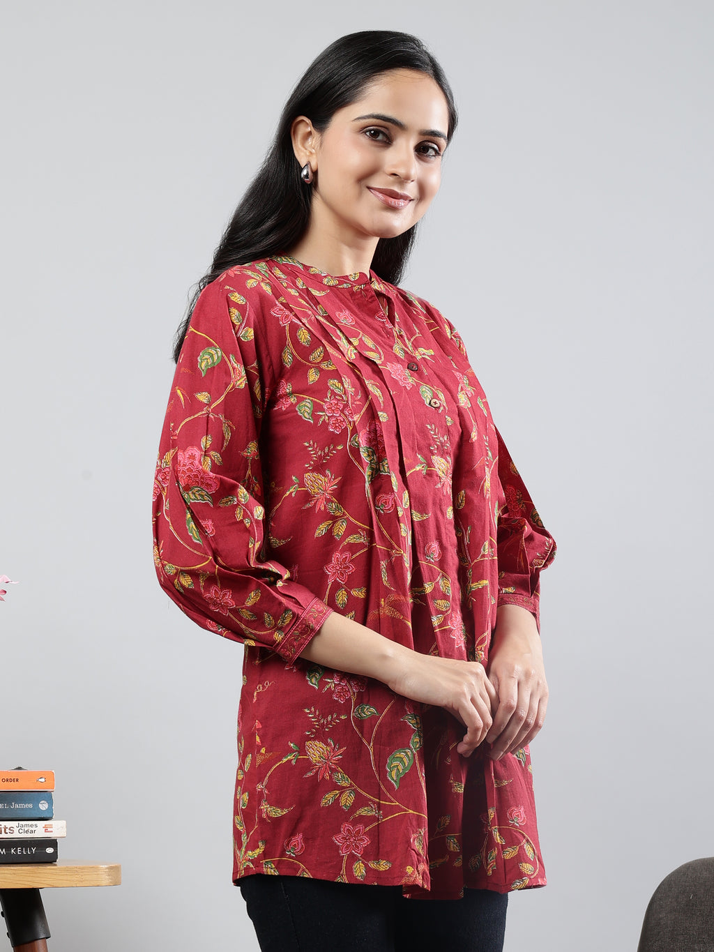 Floral Printed Maroon Cotton Tunic with Pintuck Detailing
