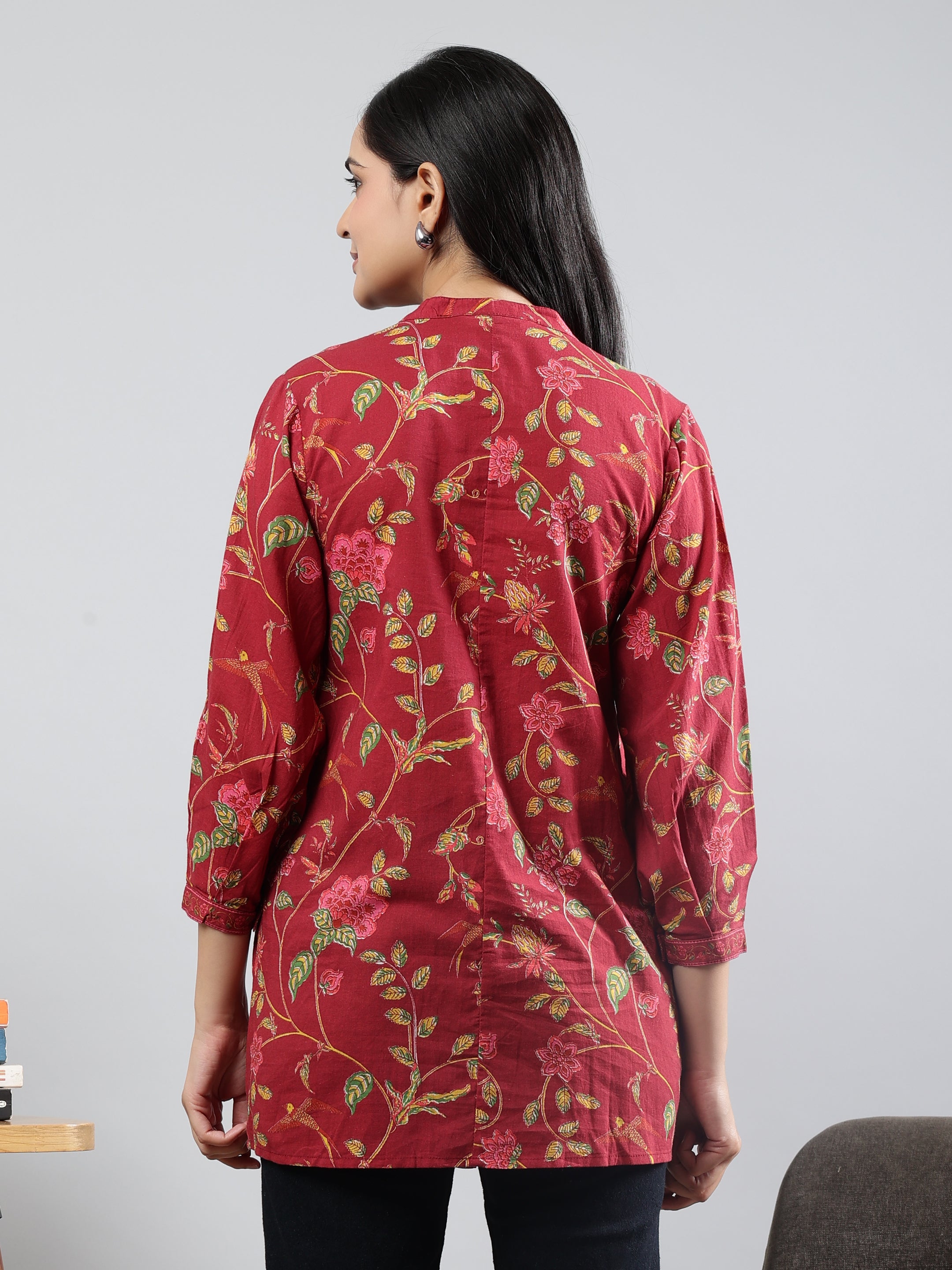 Floral Printed Maroon Cotton Tunic with Pintuck Detailing