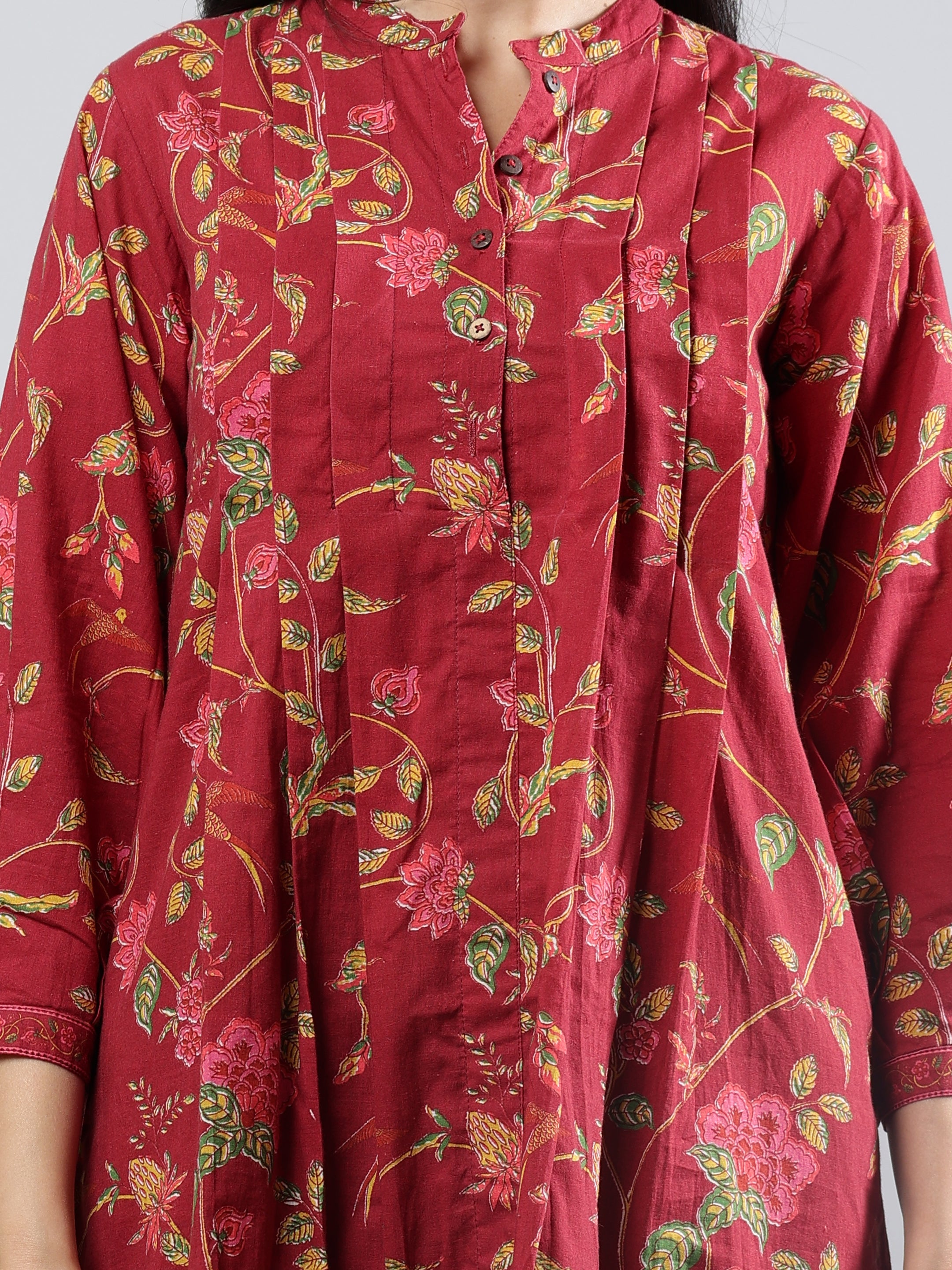 Floral Printed Maroon Cotton Tunic with Pintuck Detailing