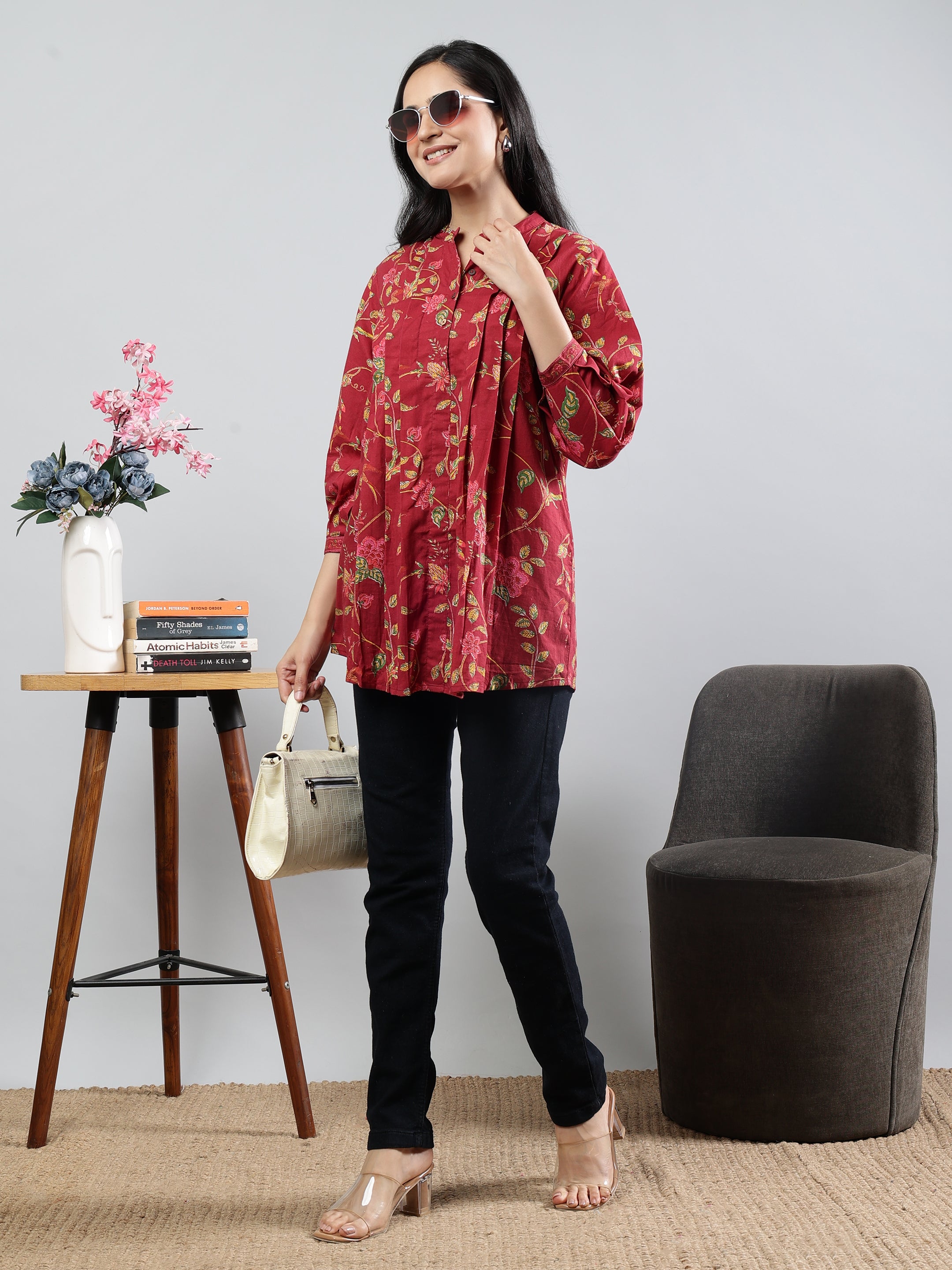 Floral Printed Maroon Cotton Tunic with Pintuck Detailing