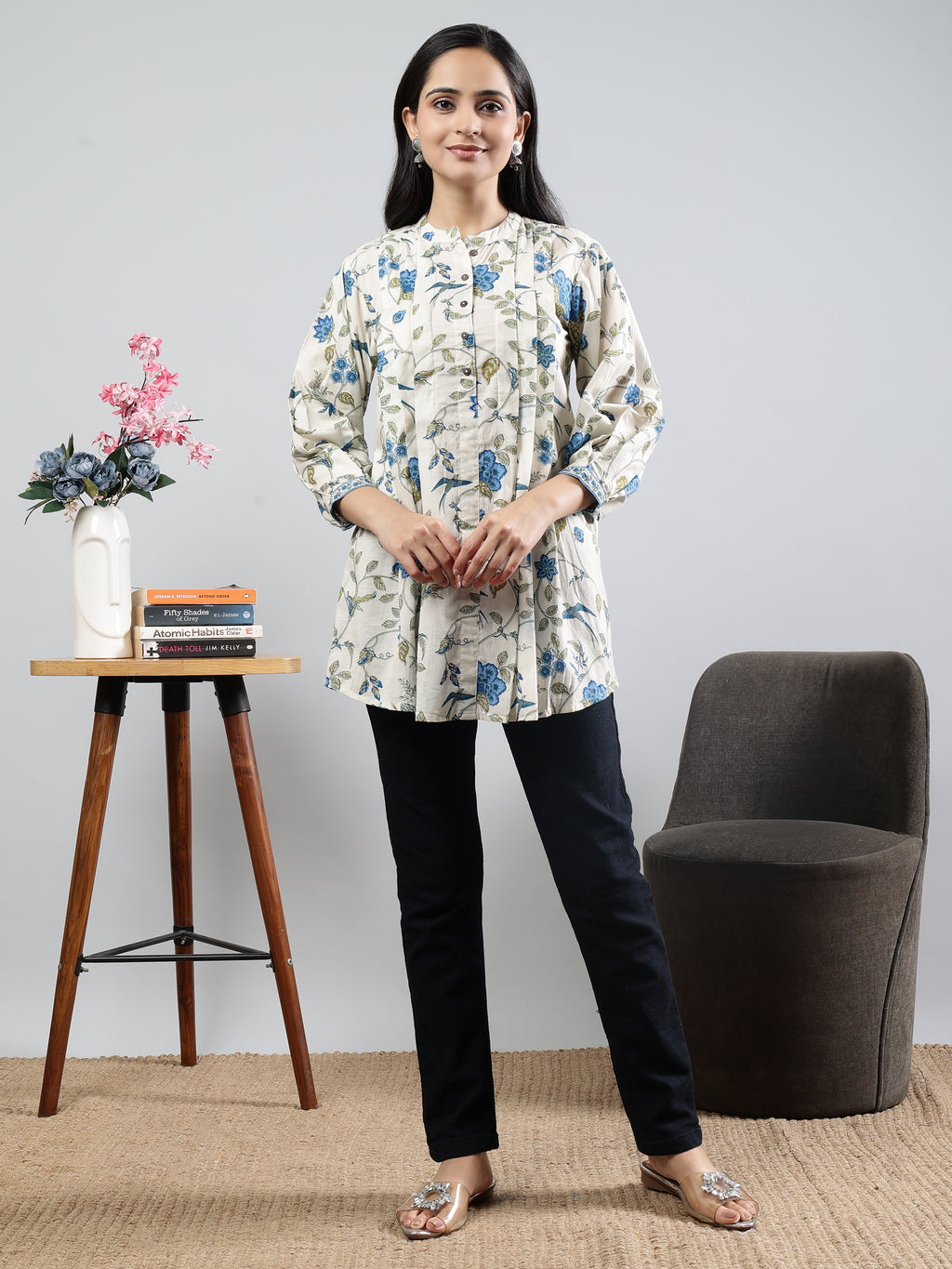 Floral Printed Off-White Cotton Tunic with Pintuck Detailing