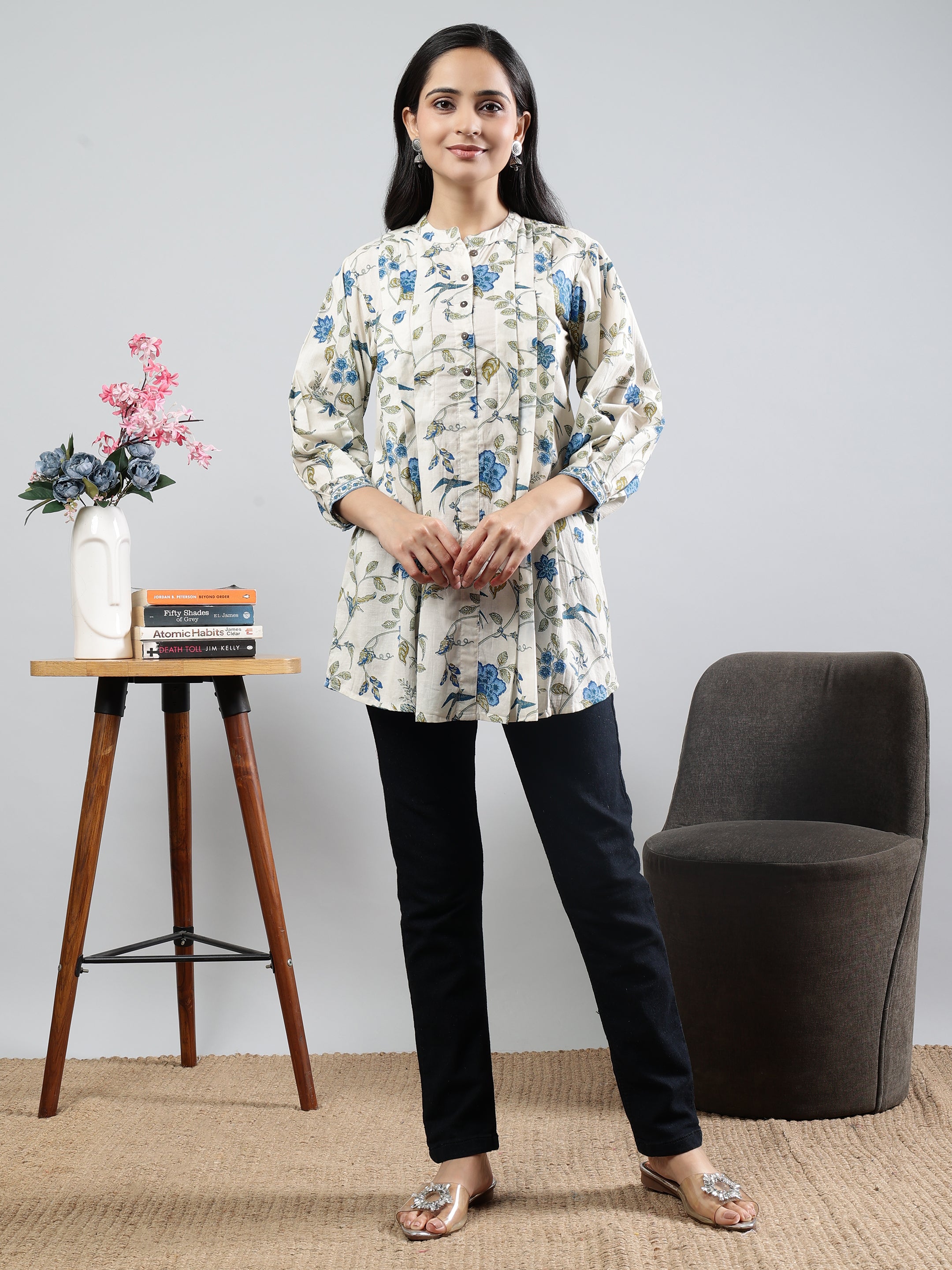 Floral Printed Off-White Cotton Tunic with Pintuck Detailing