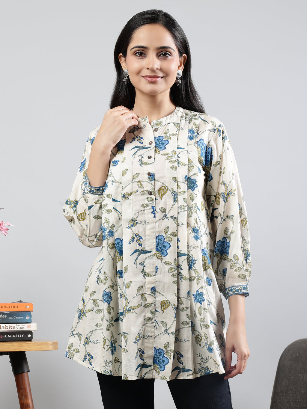 Floral Printed Off-White Cotton Tunic with Pintuck Detailing White Cotton