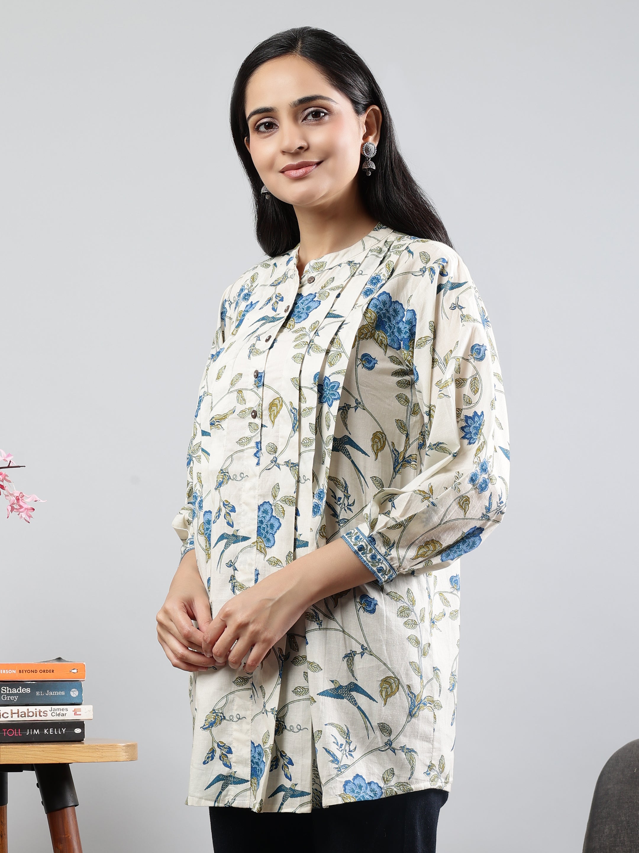 Floral Printed Off-White Cotton Tunic with Pintuck Detailing