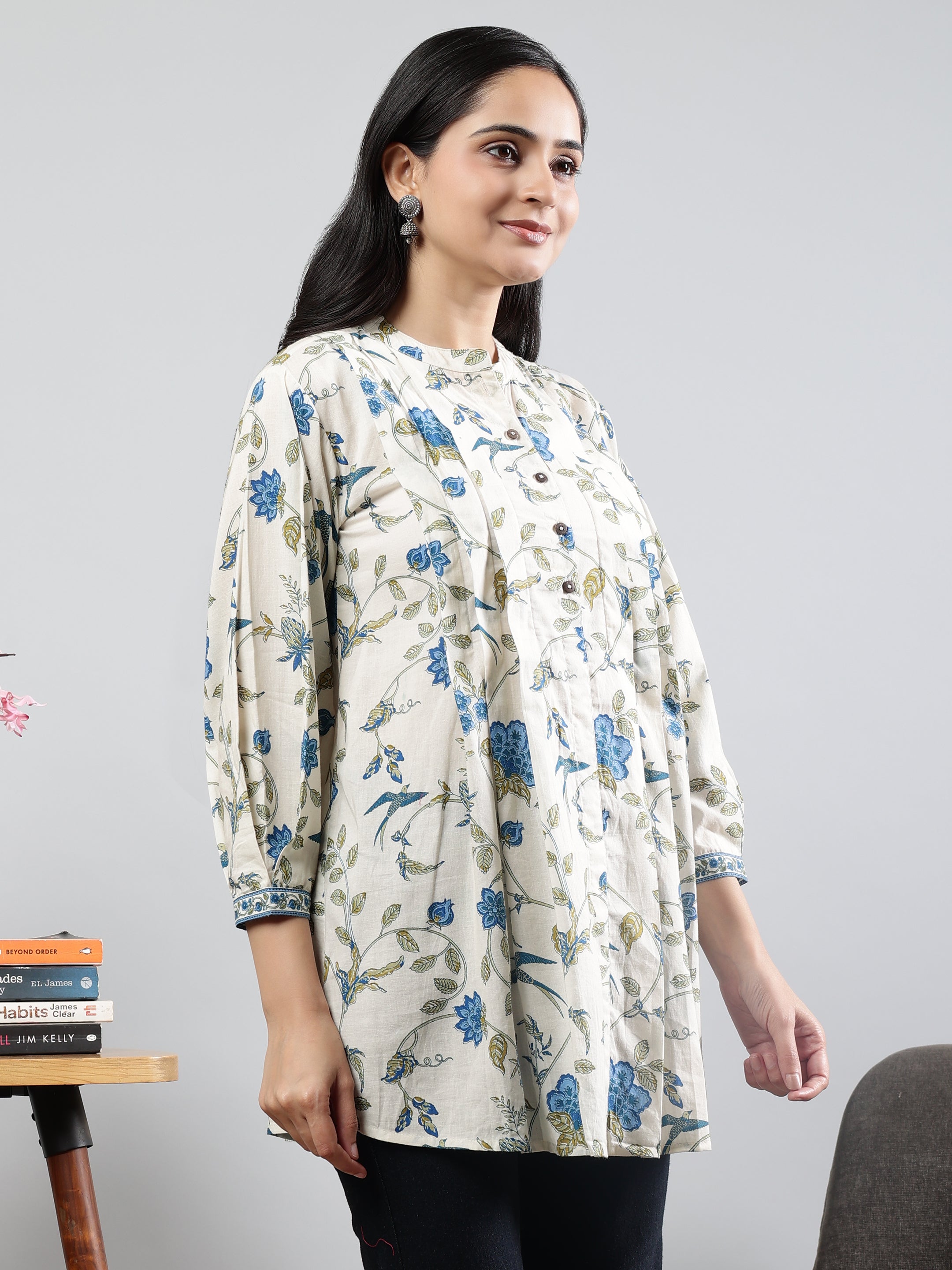 Floral Printed Off-White Cotton Tunic with Pintuck Detailing