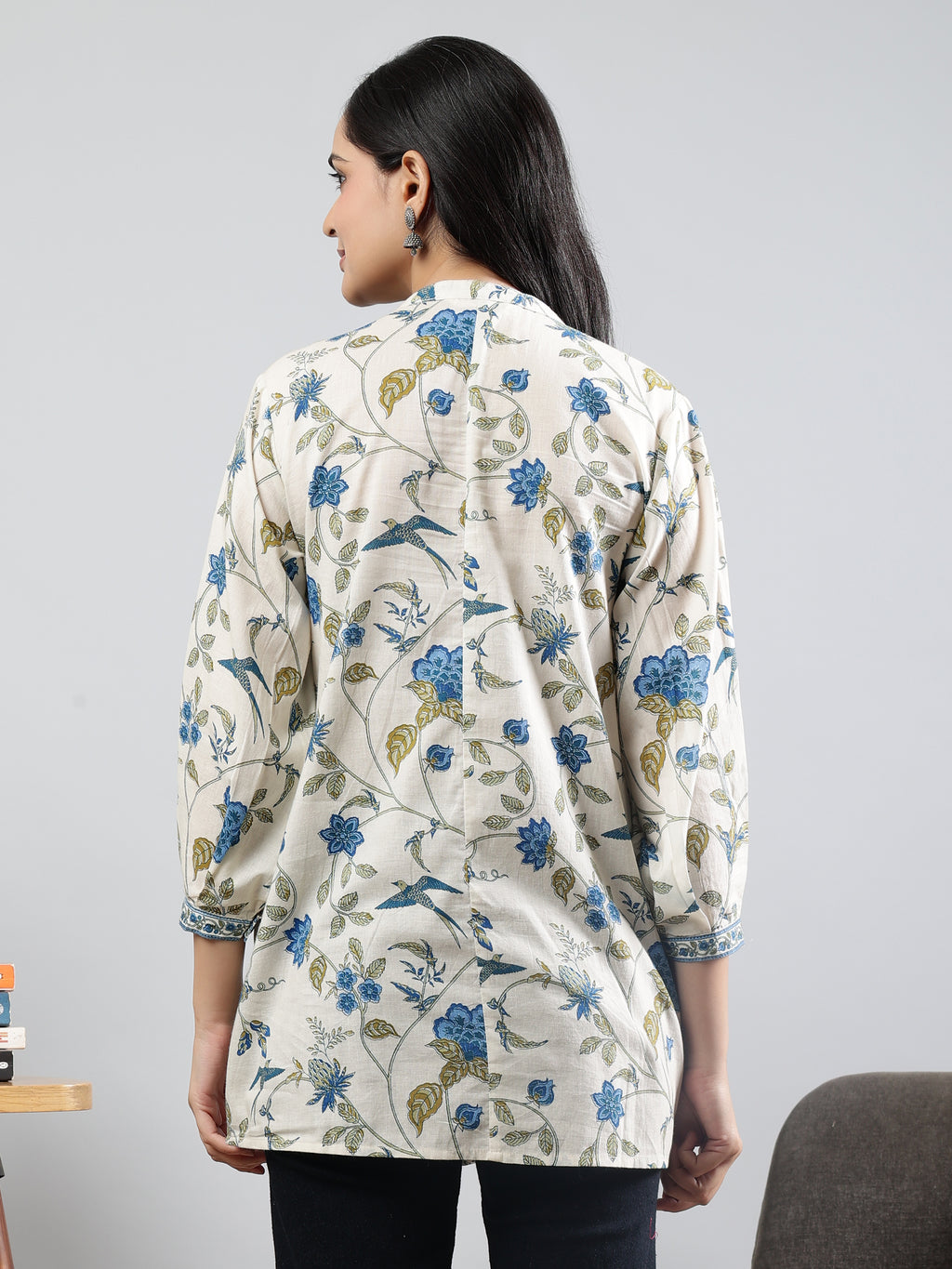 Floral Printed Off-White Cotton Tunic with Pintuck Detailing