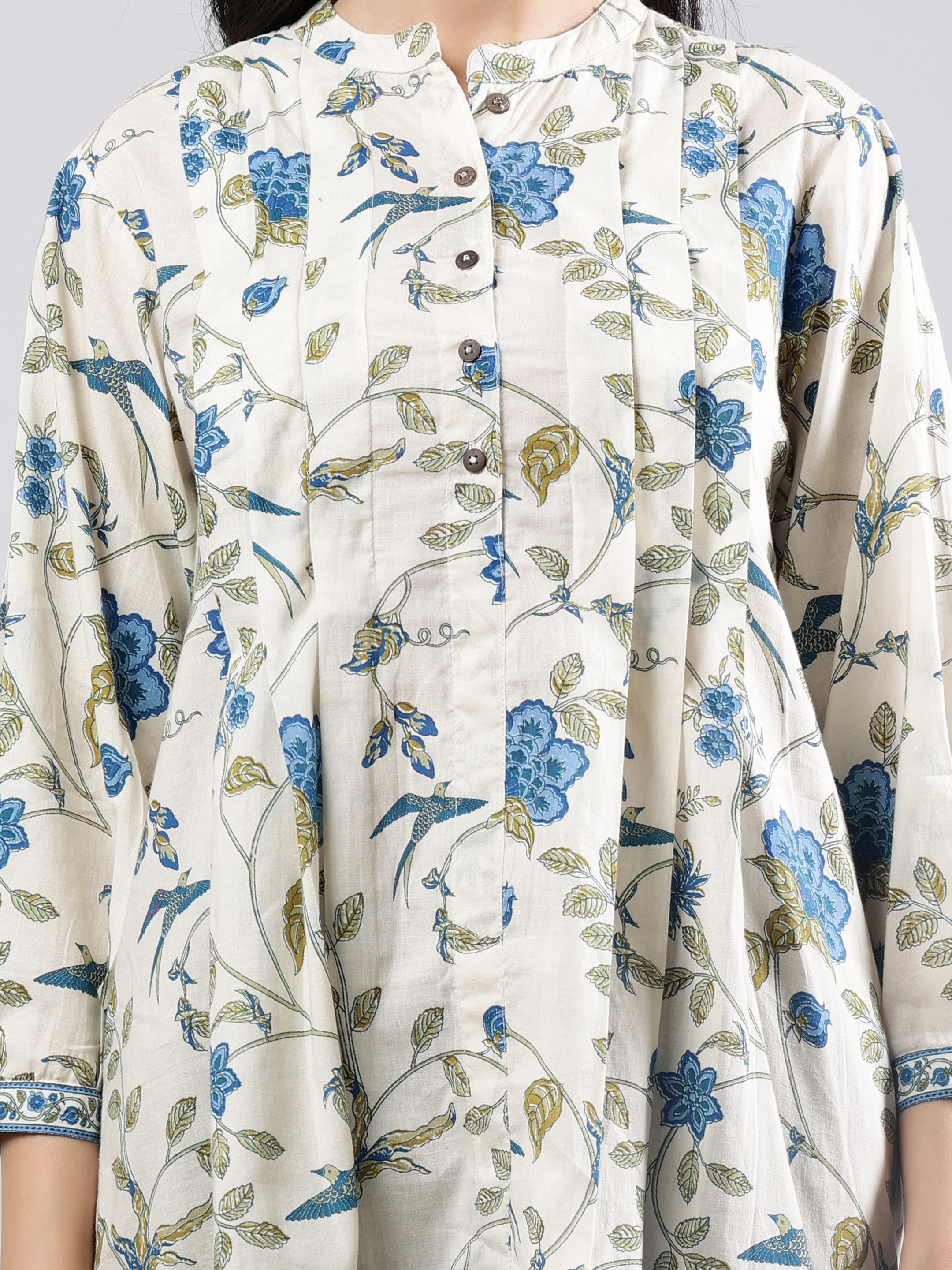 Floral Printed Off-White Cotton Tunic with Pintuck Detailing