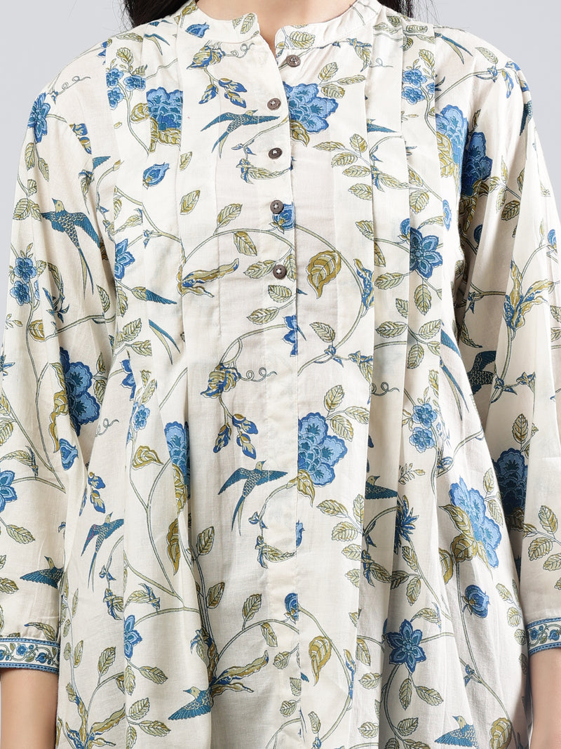 Floral Printed Off-White Cotton Tunic with Pintuck Detailing