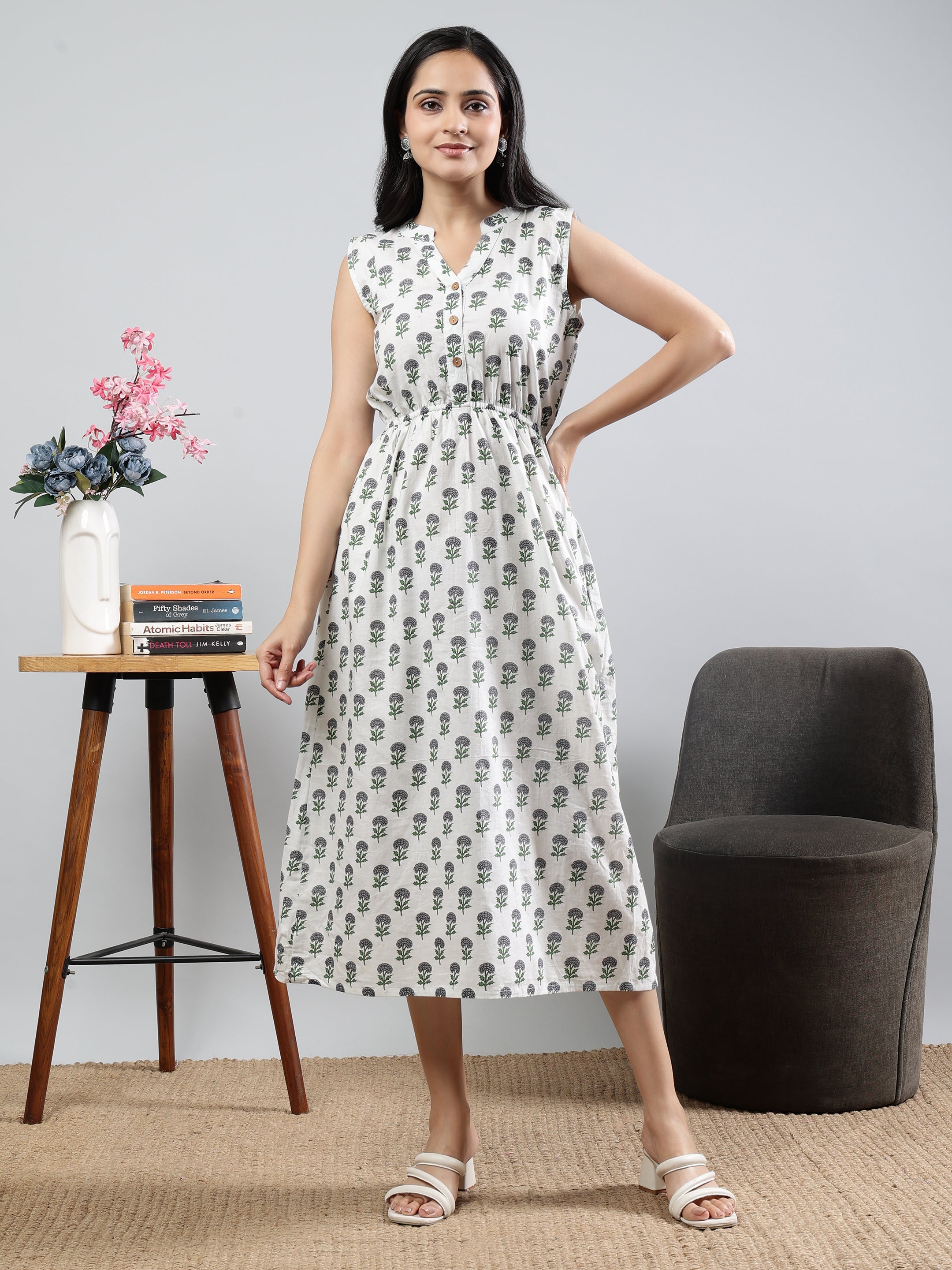 Sleeveless Off-White Printed Cotton Dress with Buttoned Neckline Detail