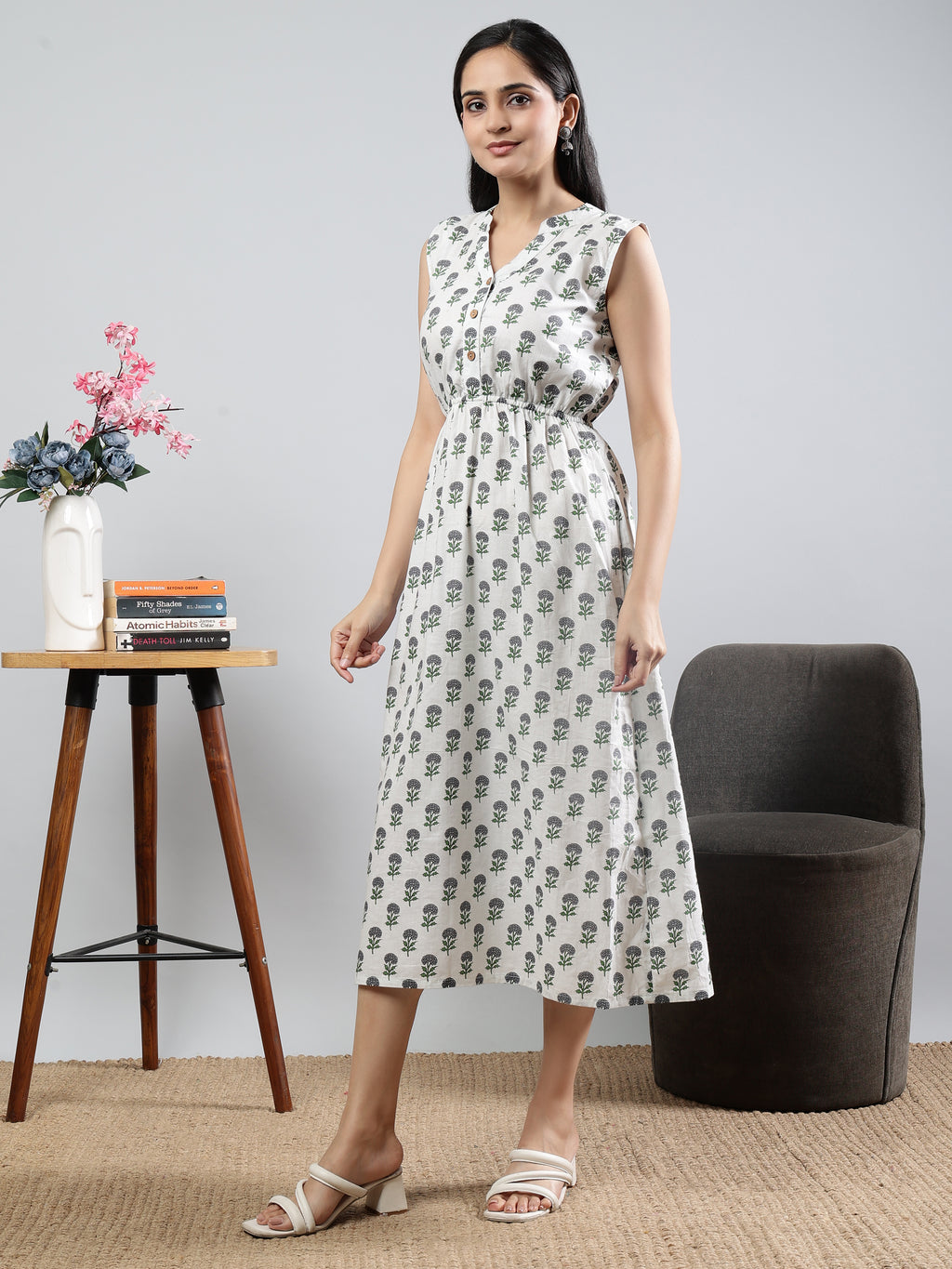 Sleeveless Off-White Printed Cotton Dress with Buttoned Neckline Detail White Cotton