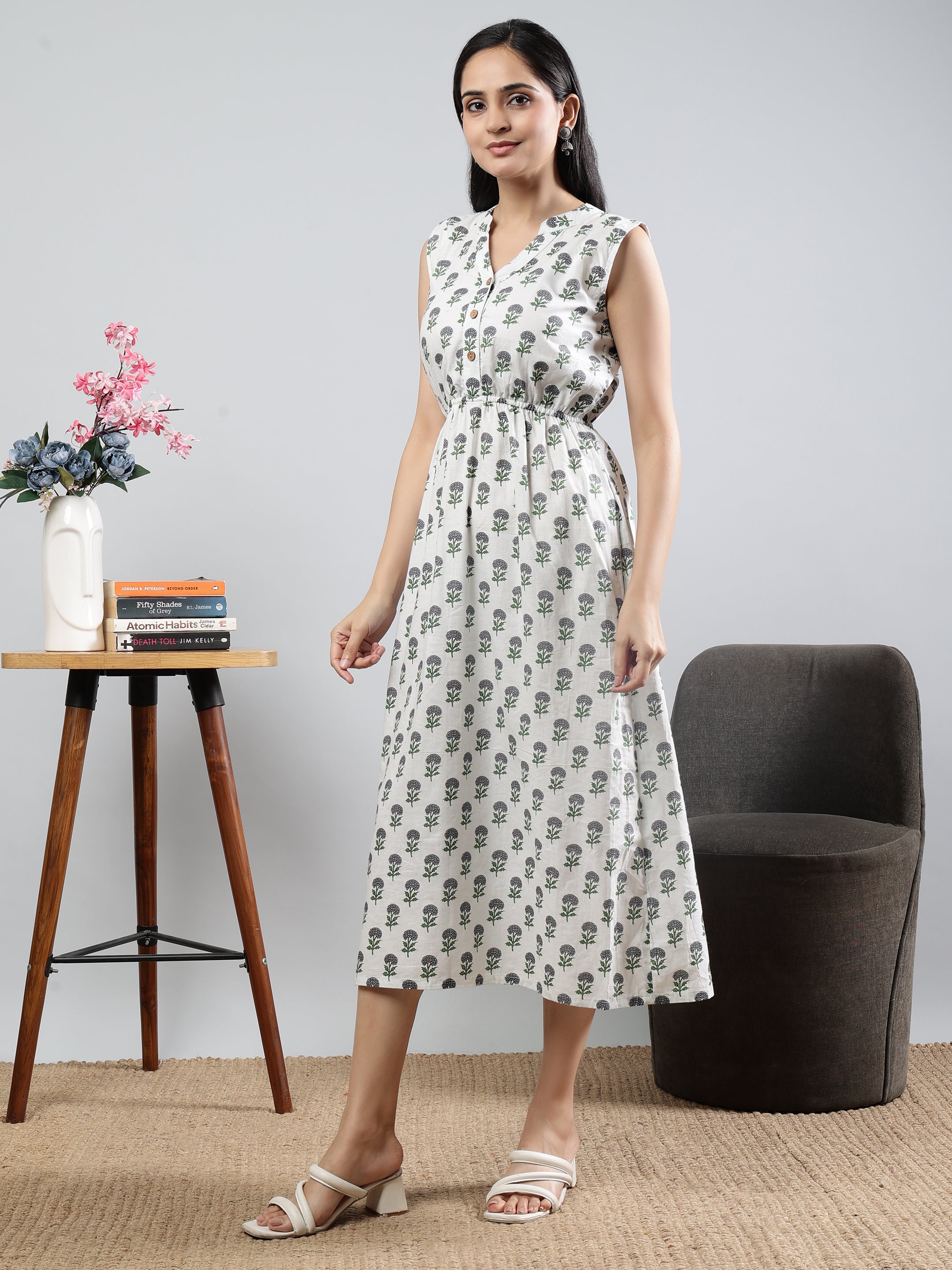 Sleeveless Off-White Printed Cotton Dress with Buttoned Neckline Detail White Cotton