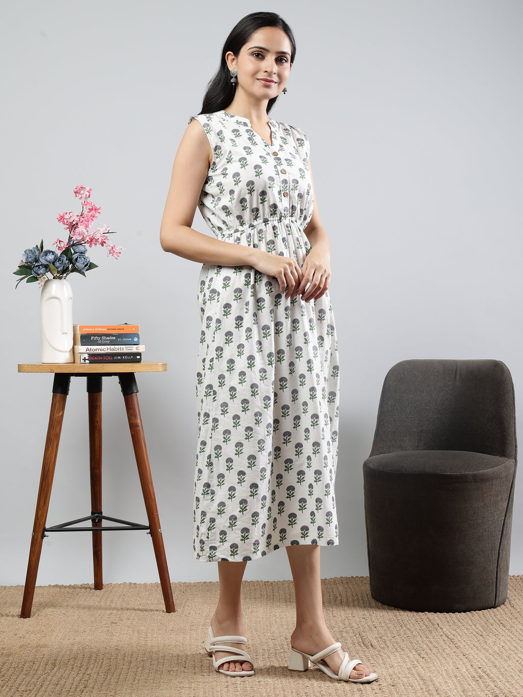 Sleeveless Off-White Printed Cotton Dress with Buttoned Neckline Detail