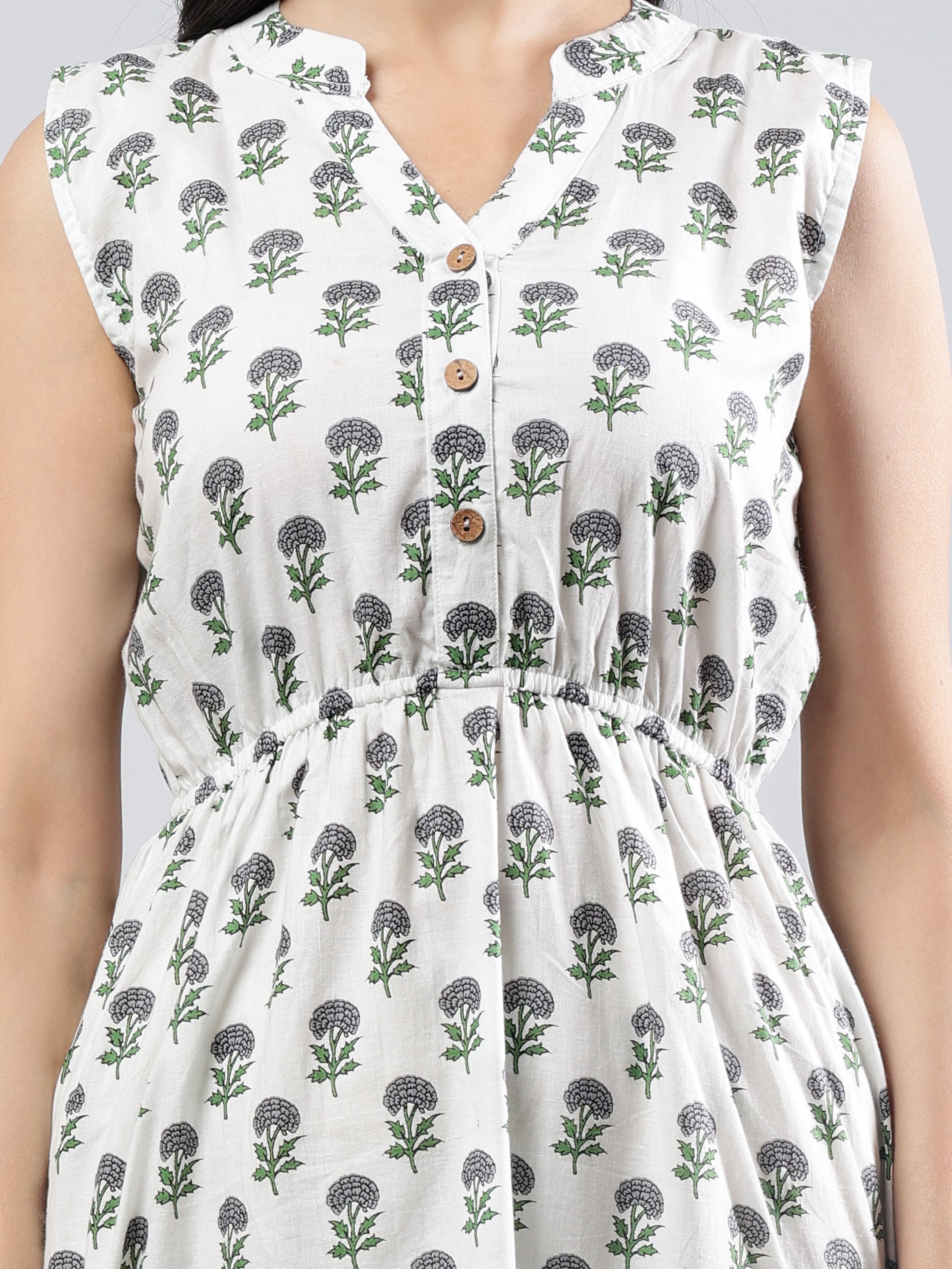 Sleeveless Off-White Printed Cotton Dress with Buttoned Neckline Detail