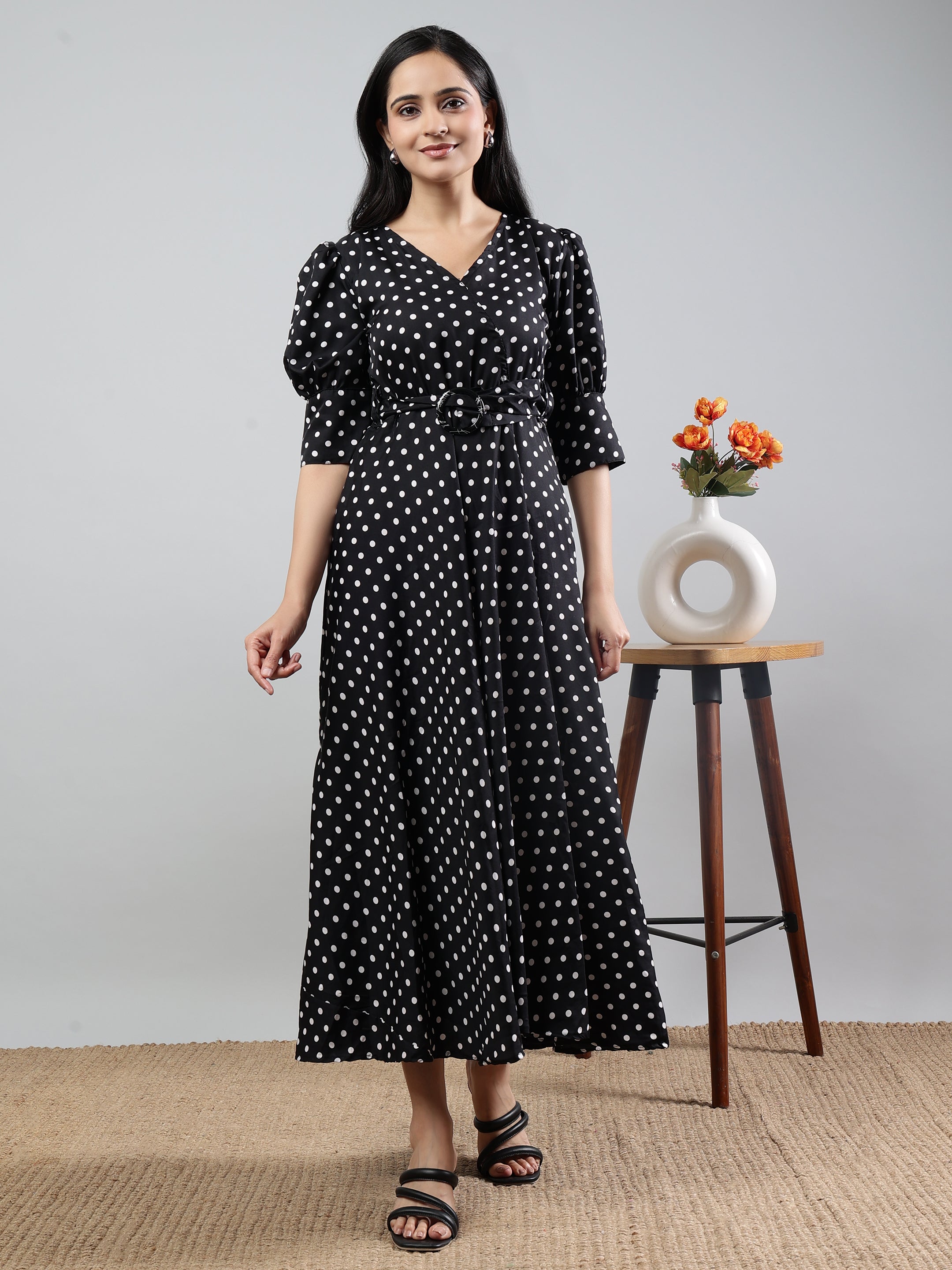 Black Polka Dot Print V-Neck Three Quarter Sleeve Dress With Belt