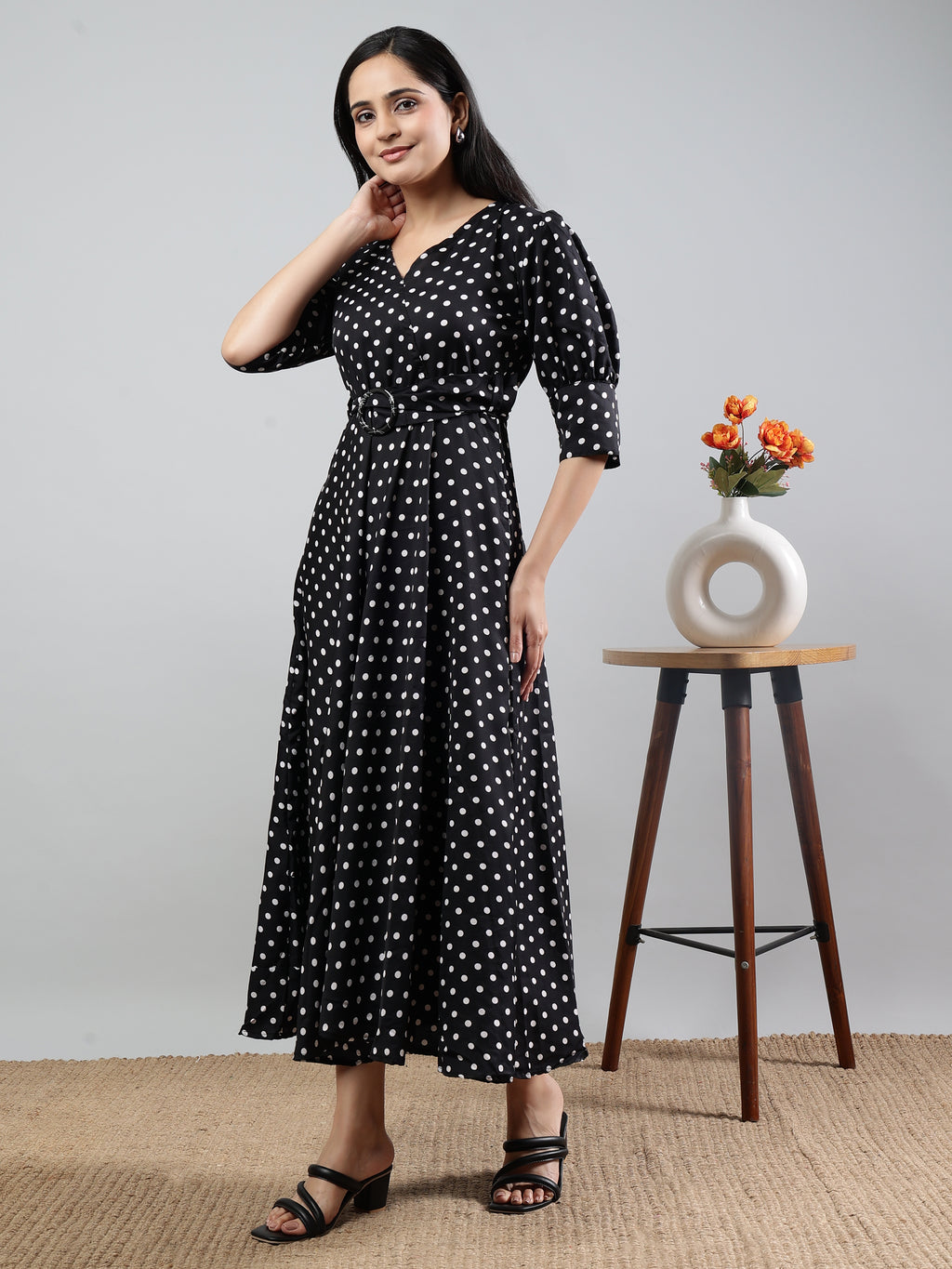Black Polka Dot Print V-Neck Three Quarter Sleeve Dress With Belt
