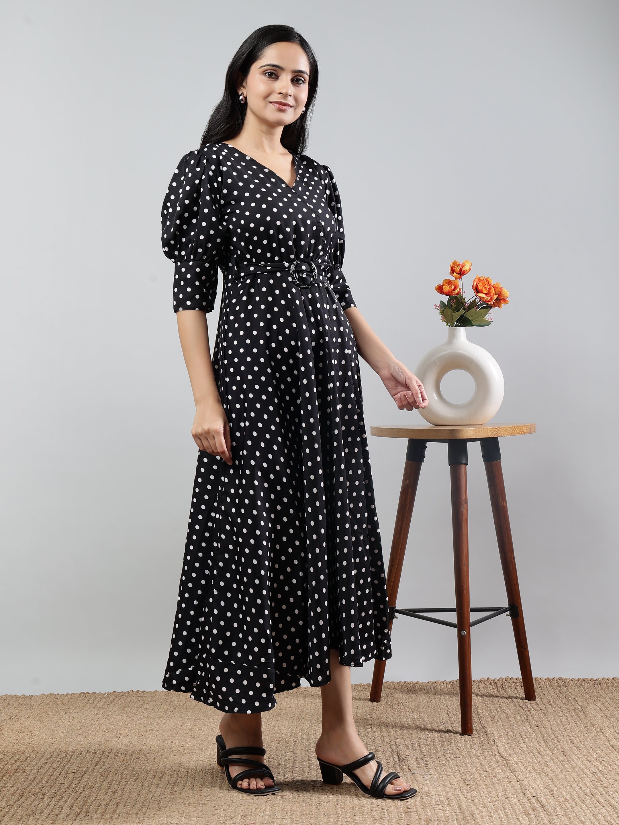 Black Polka Dot Print V-Neck Three Quarter Sleeve Dress With Belt