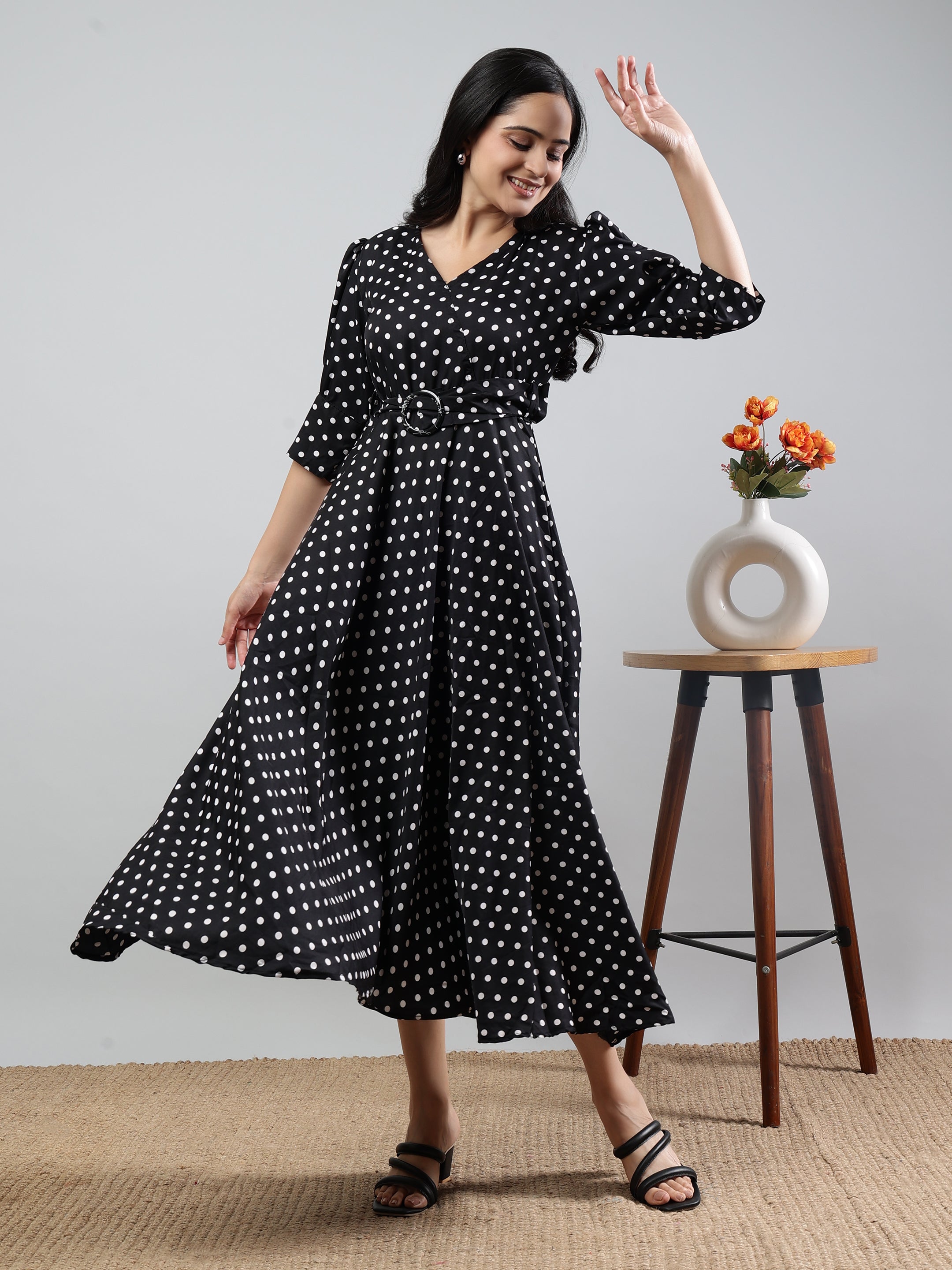 Black Polka Dot Print V-Neck Three Quarter Sleeve Dress With Belt Black Rayon