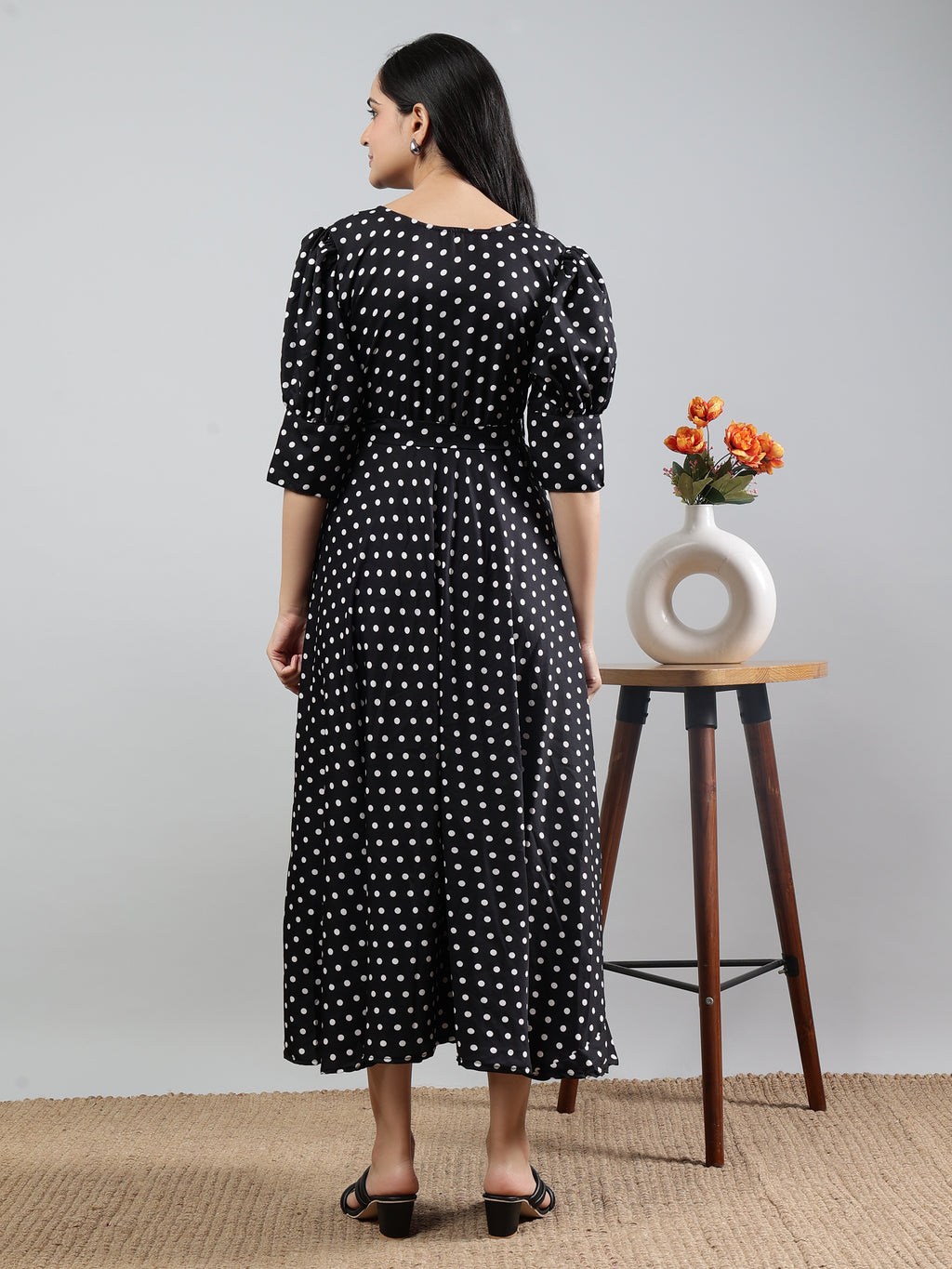 Black Polka Dot Print V-Neck Three Quarter Sleeve Dress With Belt