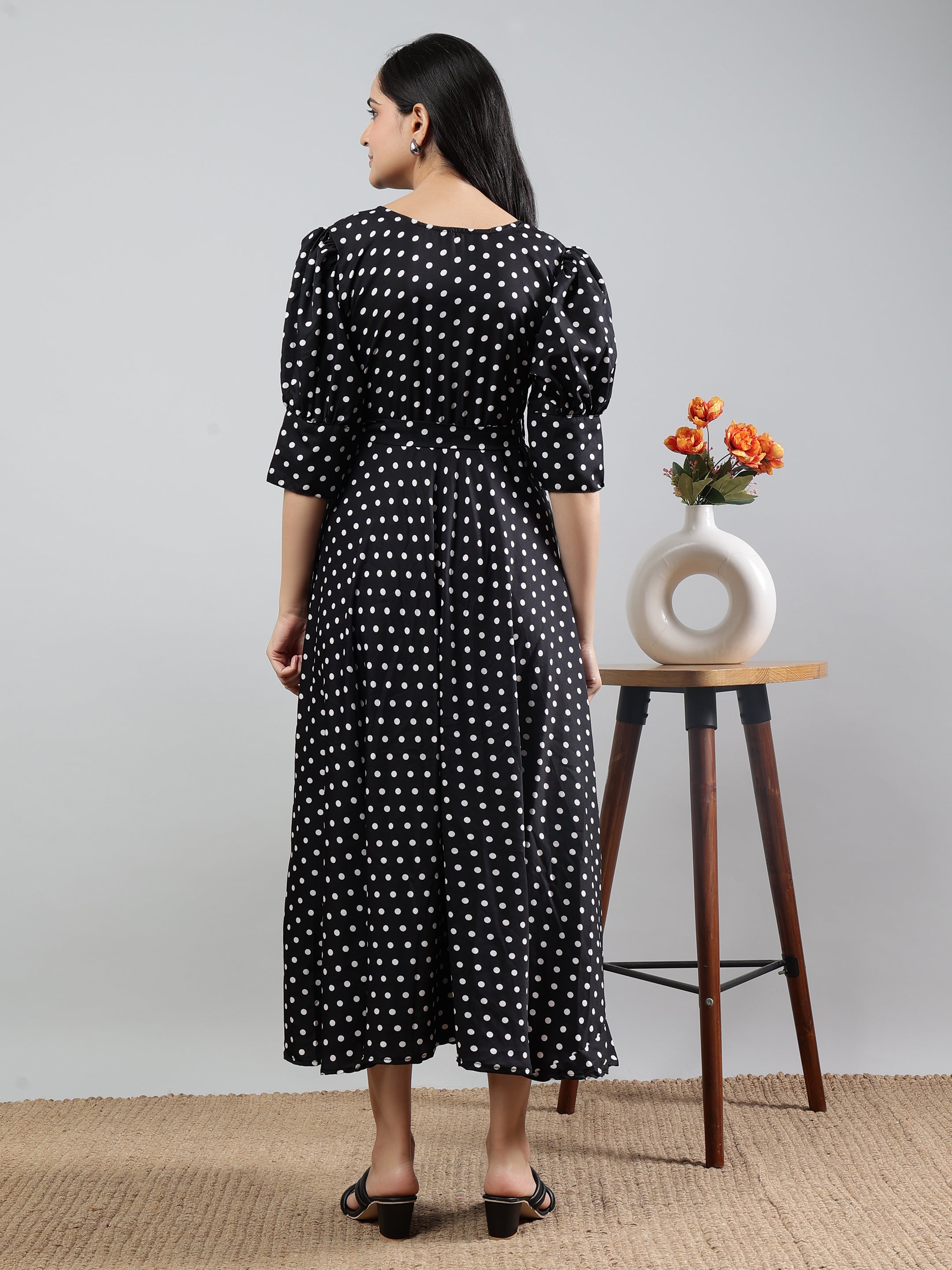Black Polka Dot Print V-Neck Three Quarter Sleeve Dress With Belt