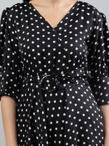 Black Polka Dot Print V-Neck Three Quarter Sleeve Dress With Belt