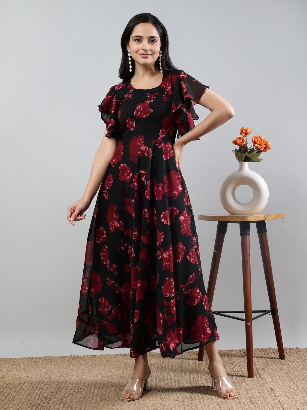 Red Printed Round Neck Short Sleeve Dress