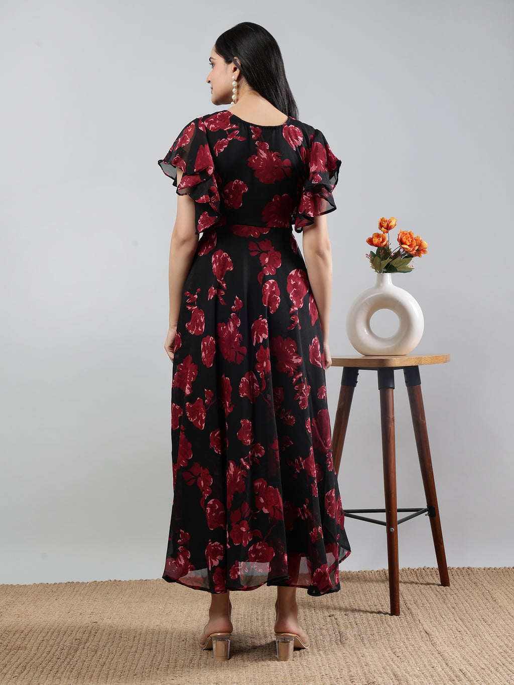 Red Printed Round Neck Short Sleeve Dress