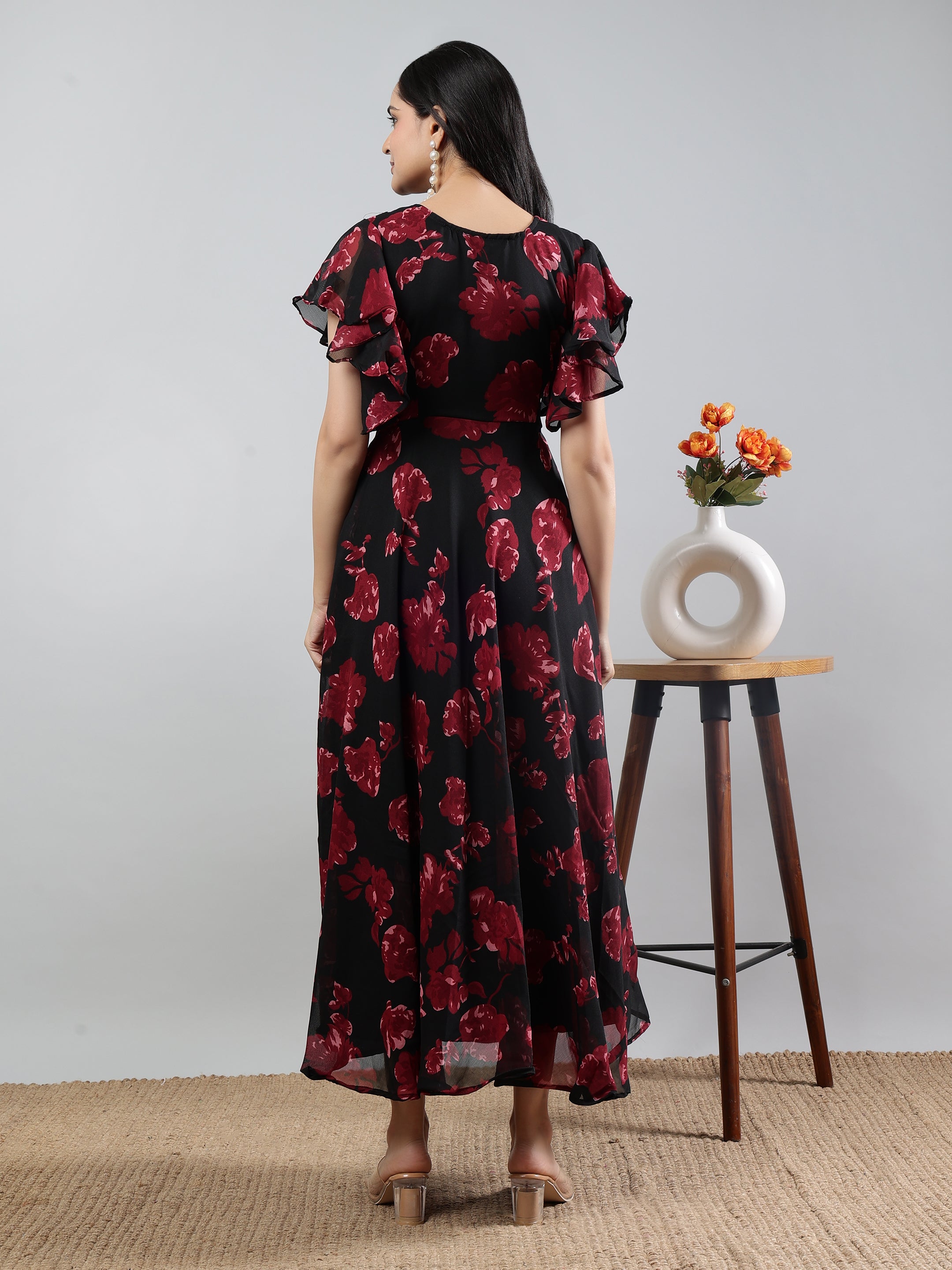 Red Printed Round Neck Short Sleeve Dress