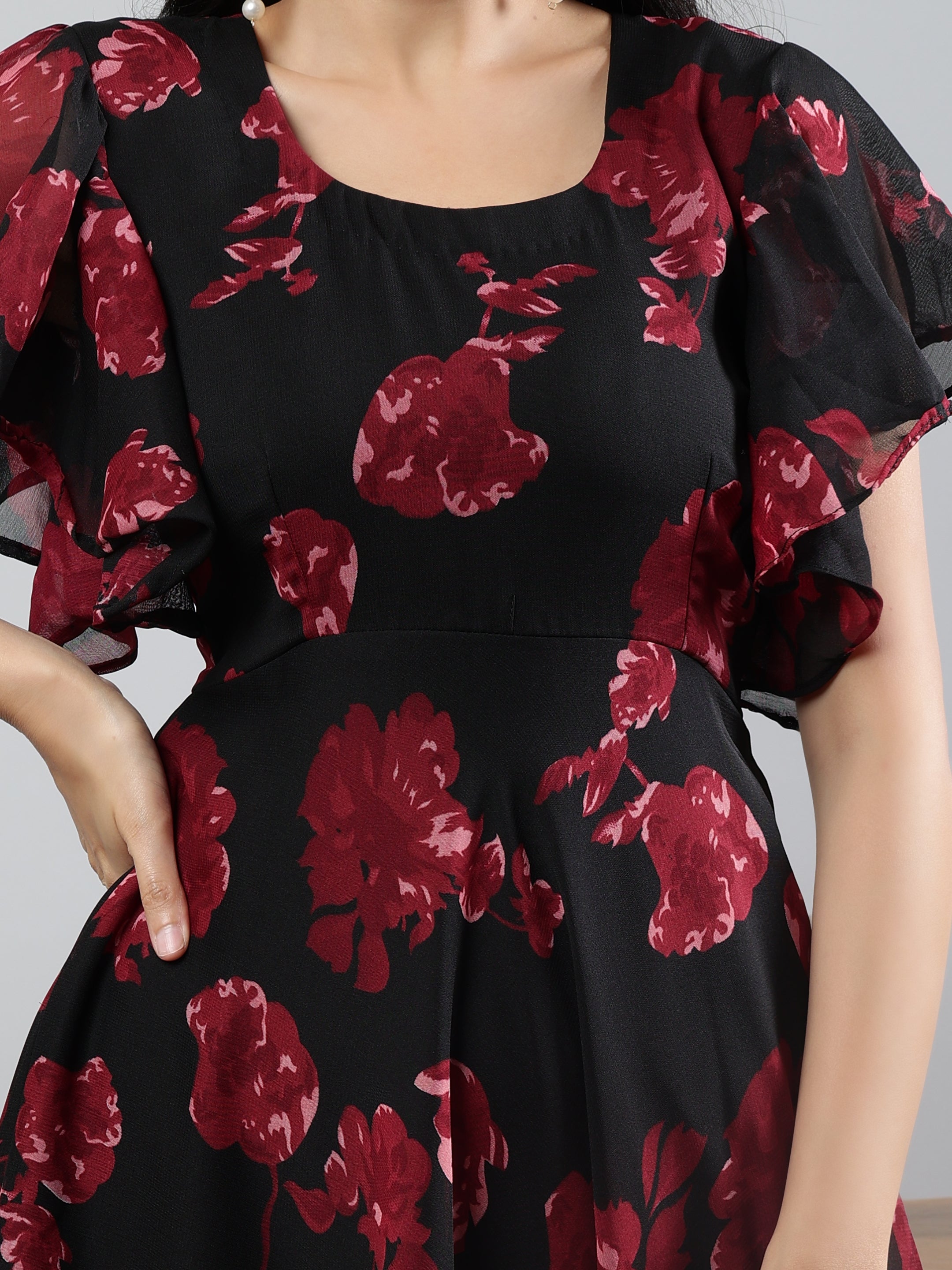 Red Printed Round Neck Short Sleeve Dress Orange XL Rayon