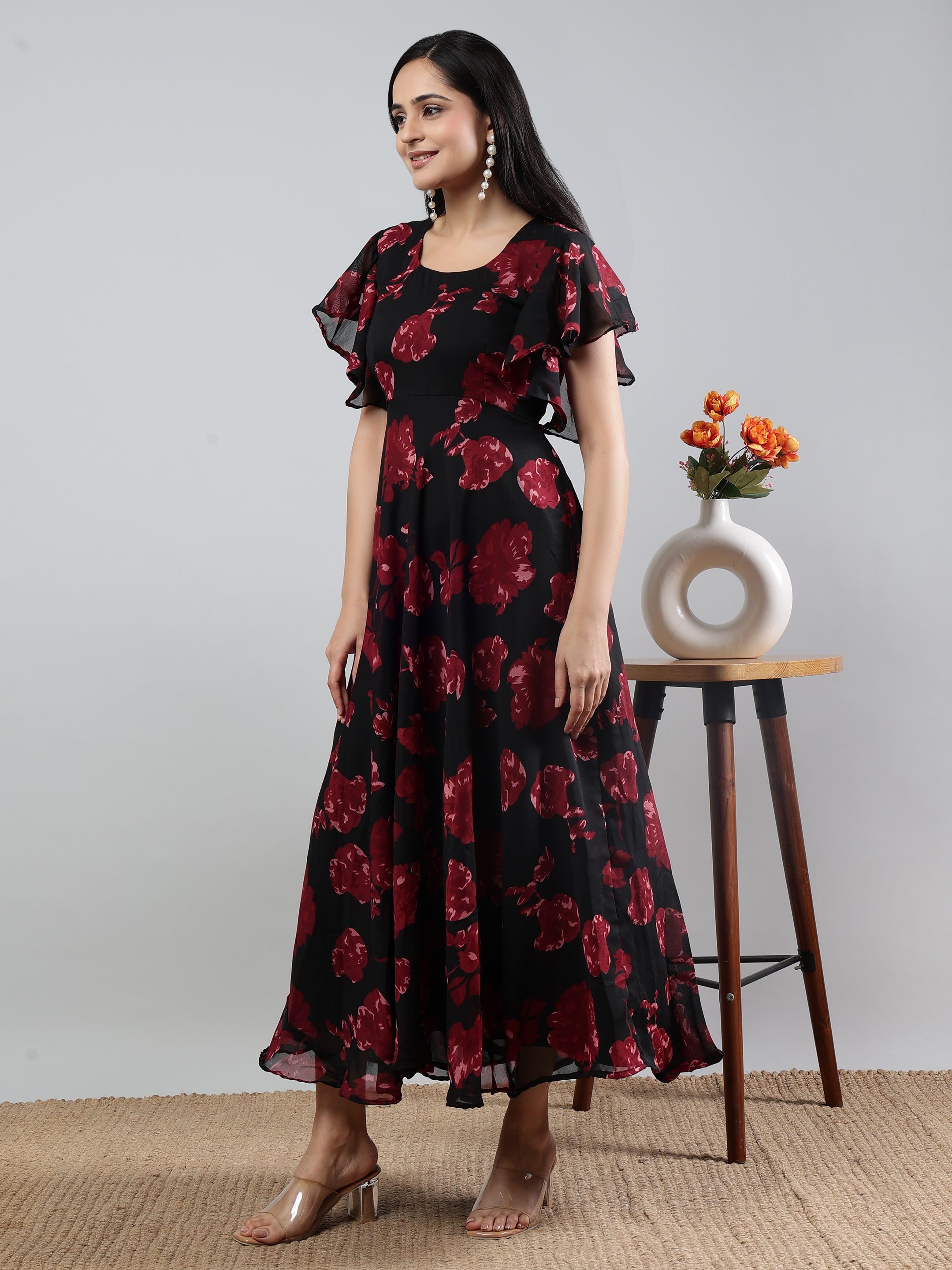 Red Printed Round Neck Short Sleeve Dress