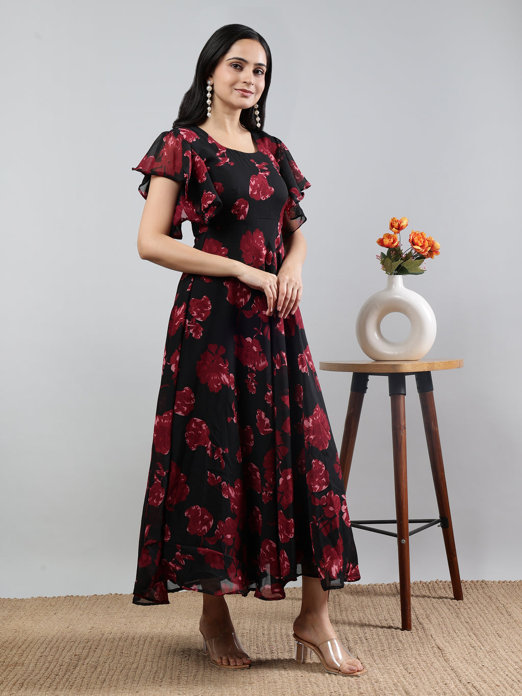 Red Printed Round Neck Short Sleeve Dress