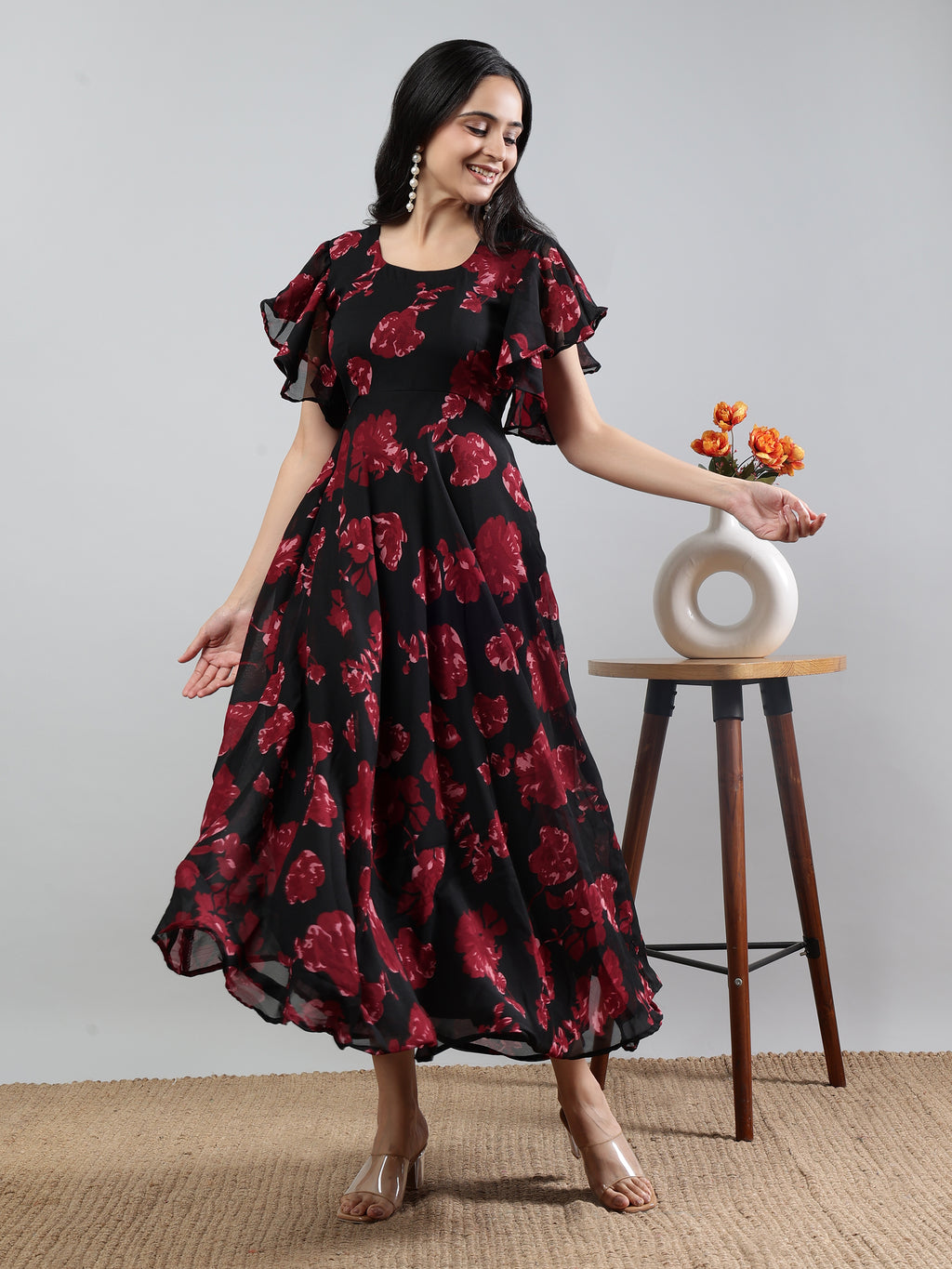 Red Printed Round Neck Short Sleeve Dress Red Rayon