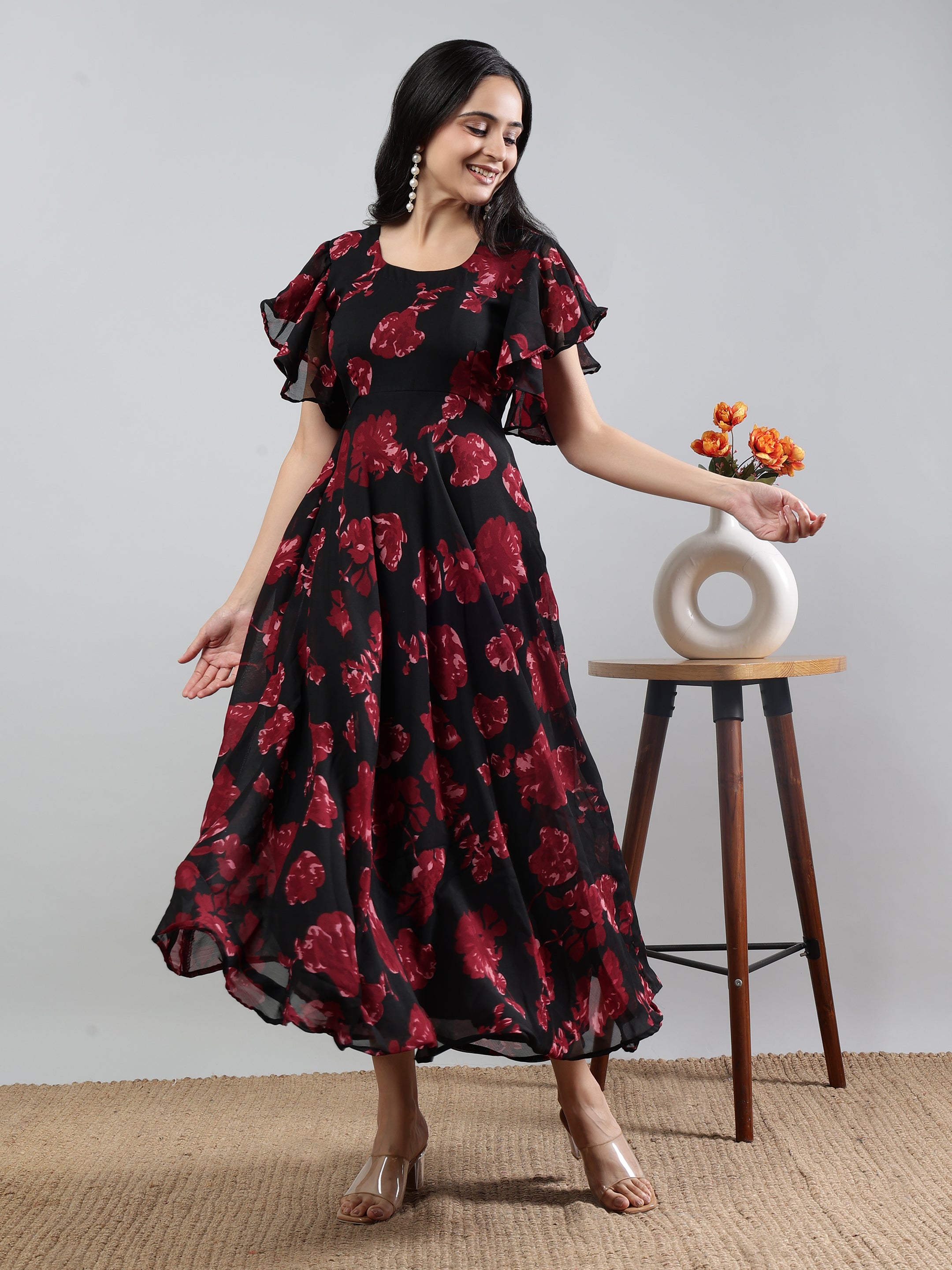 Red Printed Round Neck Short Sleeve Dress Red Rayon